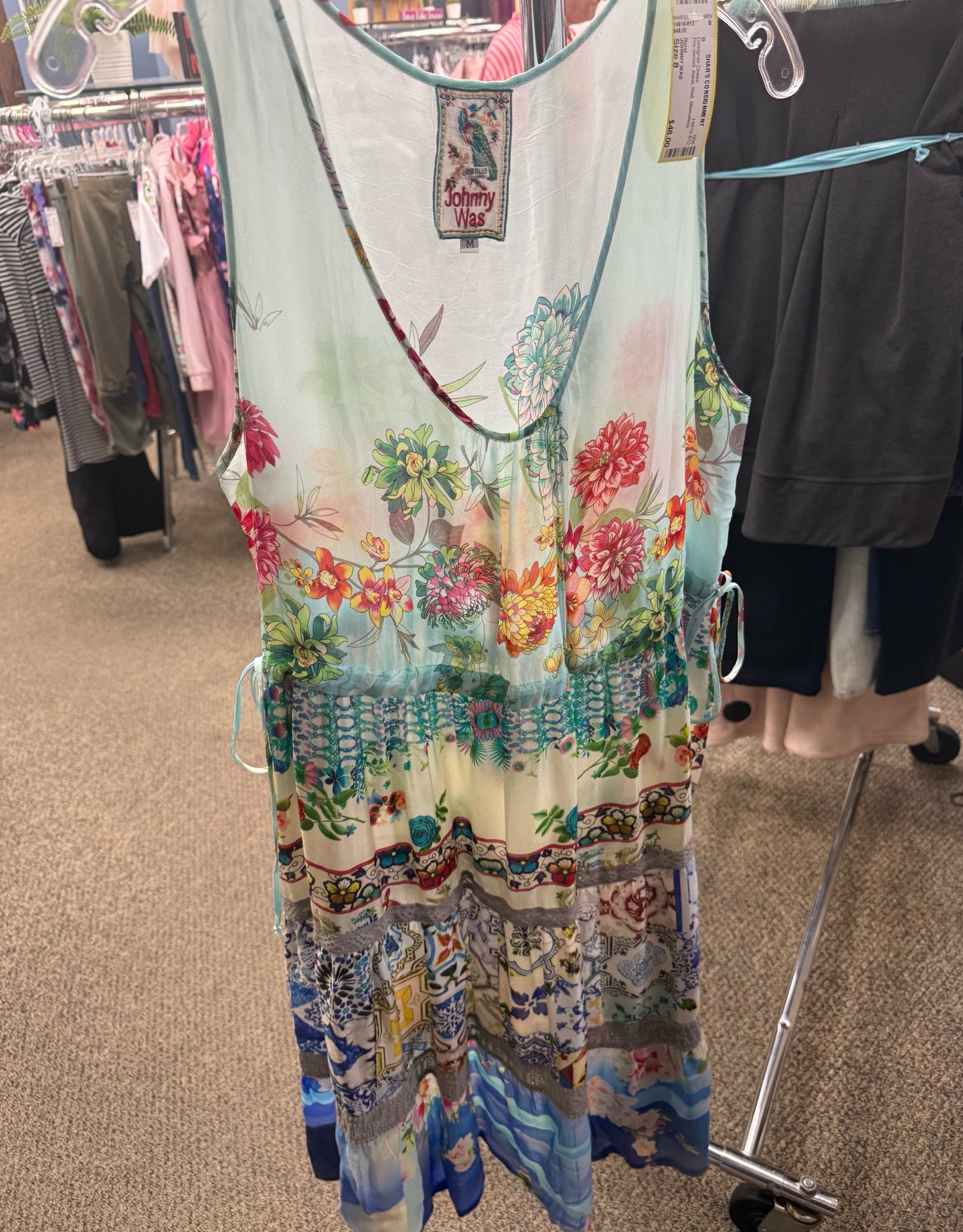 Pre-owned JOHNNY WAS Aqua Red Size 8 Sleeveless Designer Dress