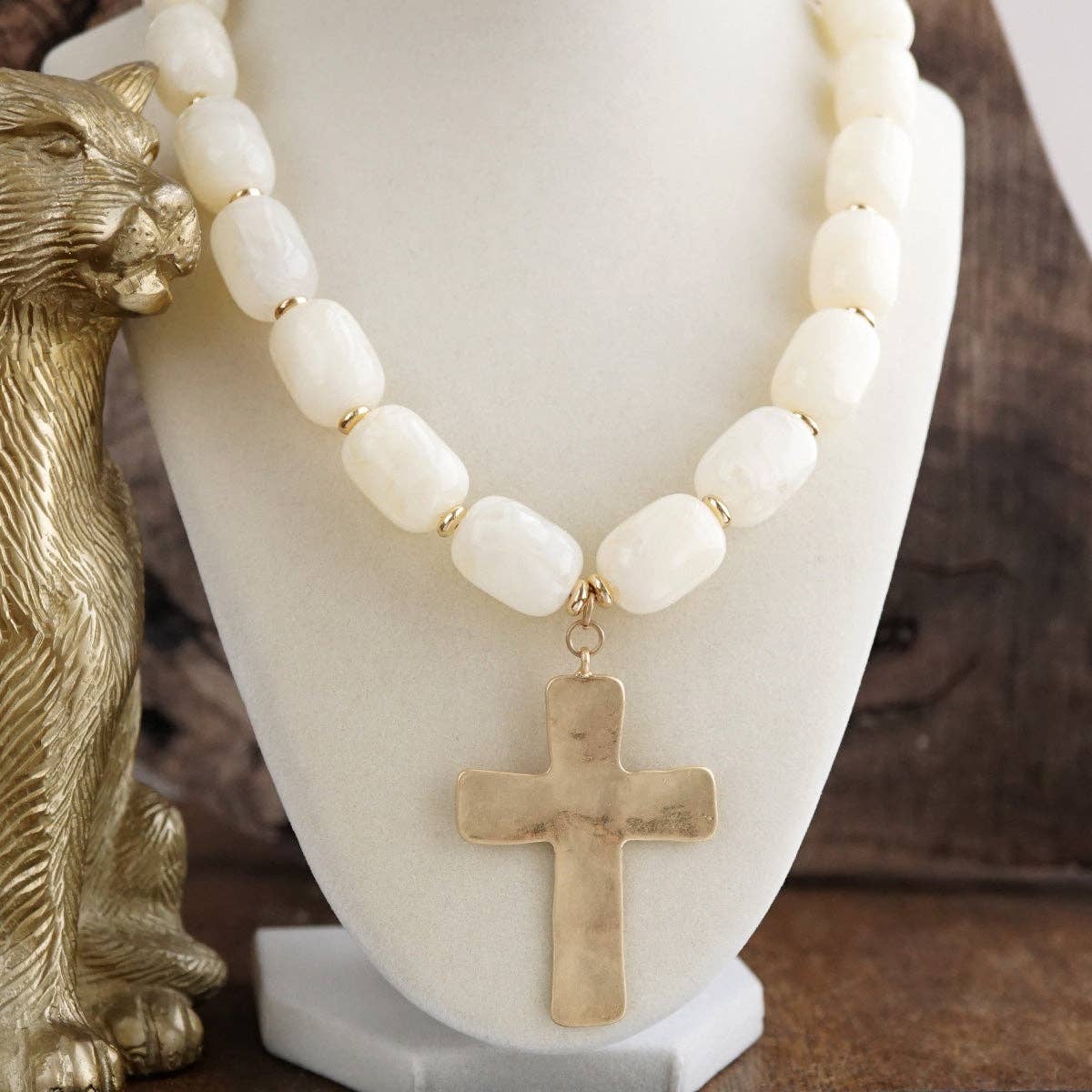 Chunky Statement Necklace – Acrylic Beads Gold Cross Necklace: Seaglow Amber