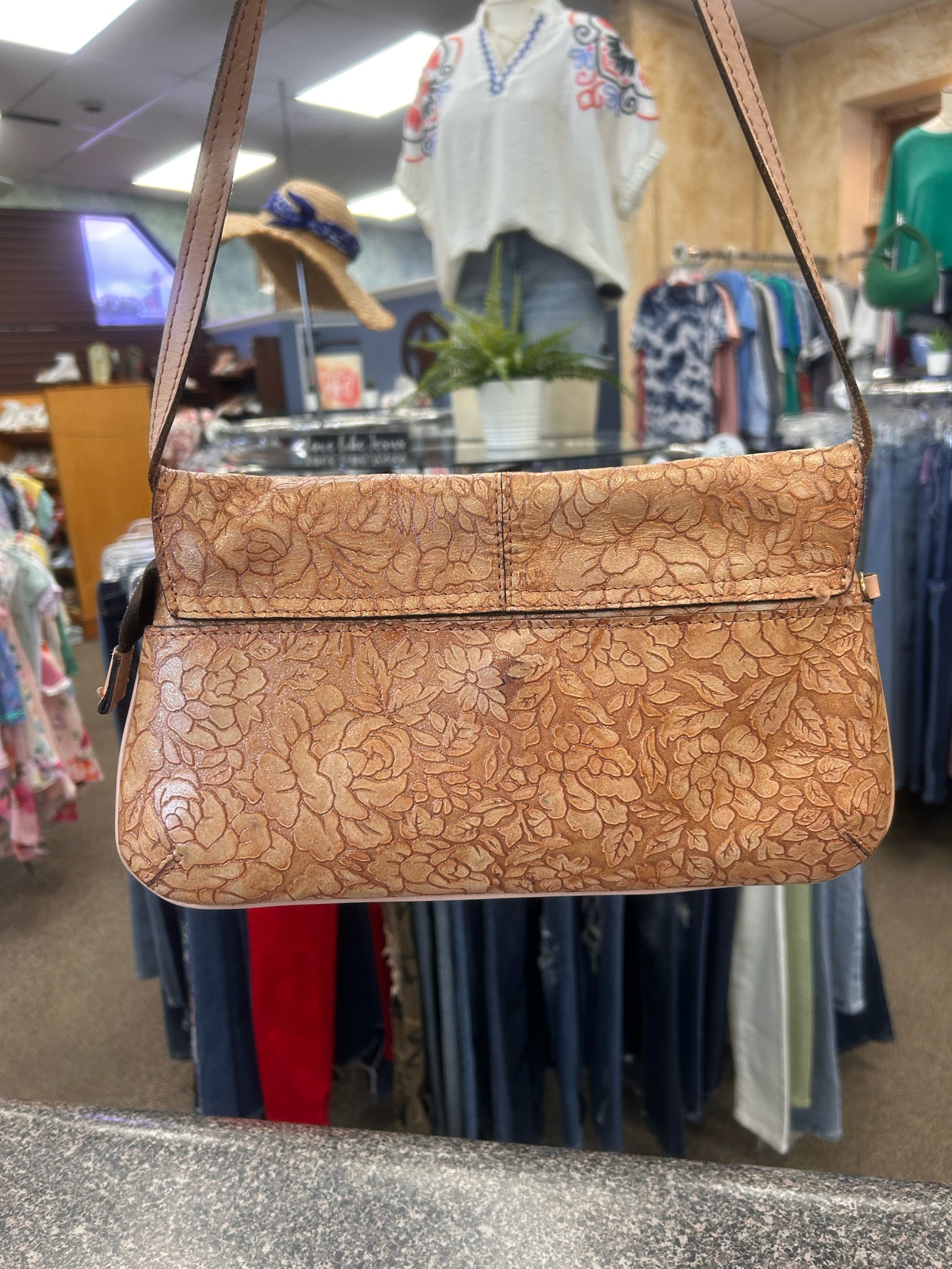 Pre-owned PATRICIA NASH Tan floral Gold Crossbody Designer Purse