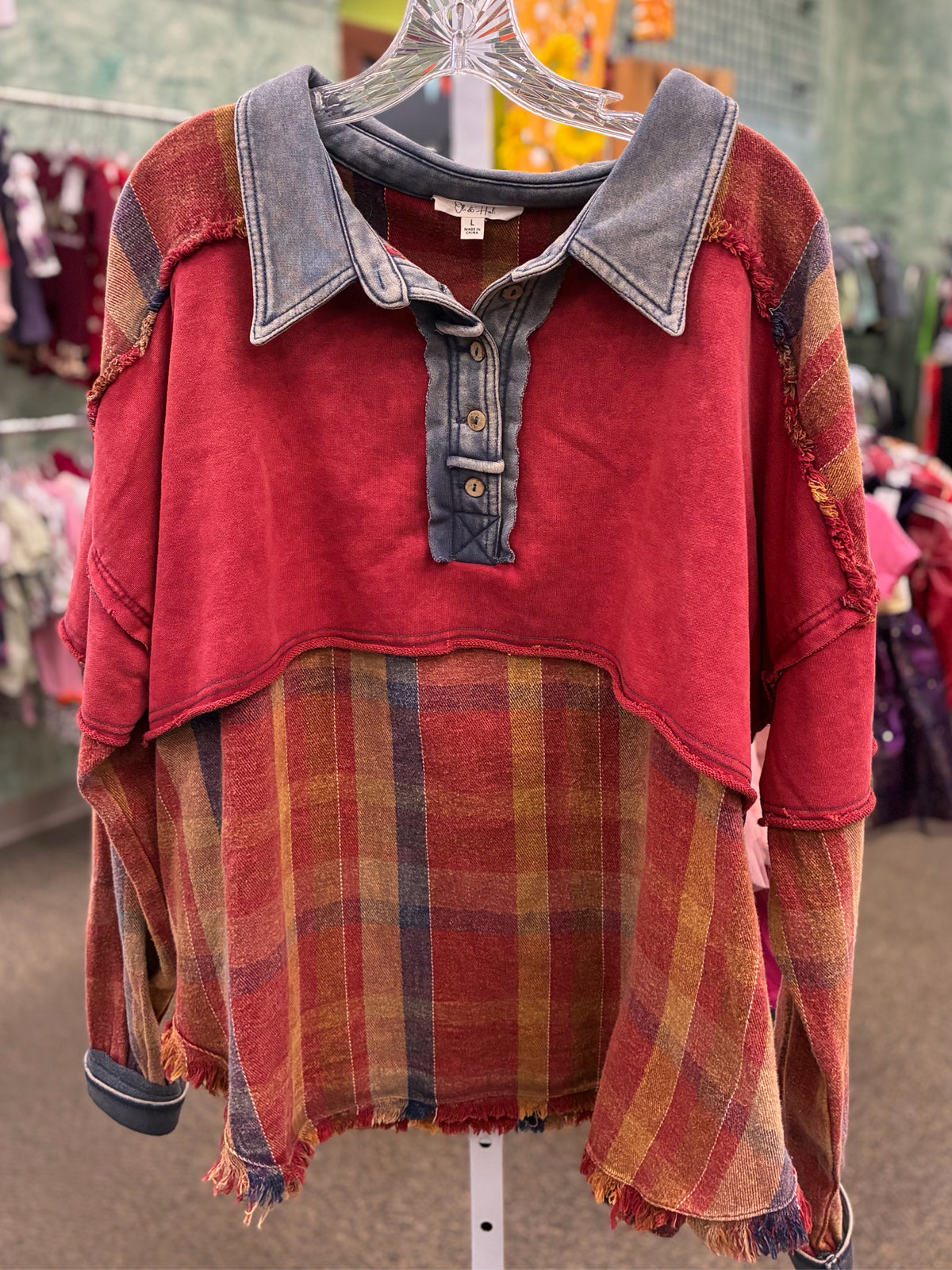 Pre-owned OLI & HALI Red Brown Plaid Size: XL Long Sleeve Blouse