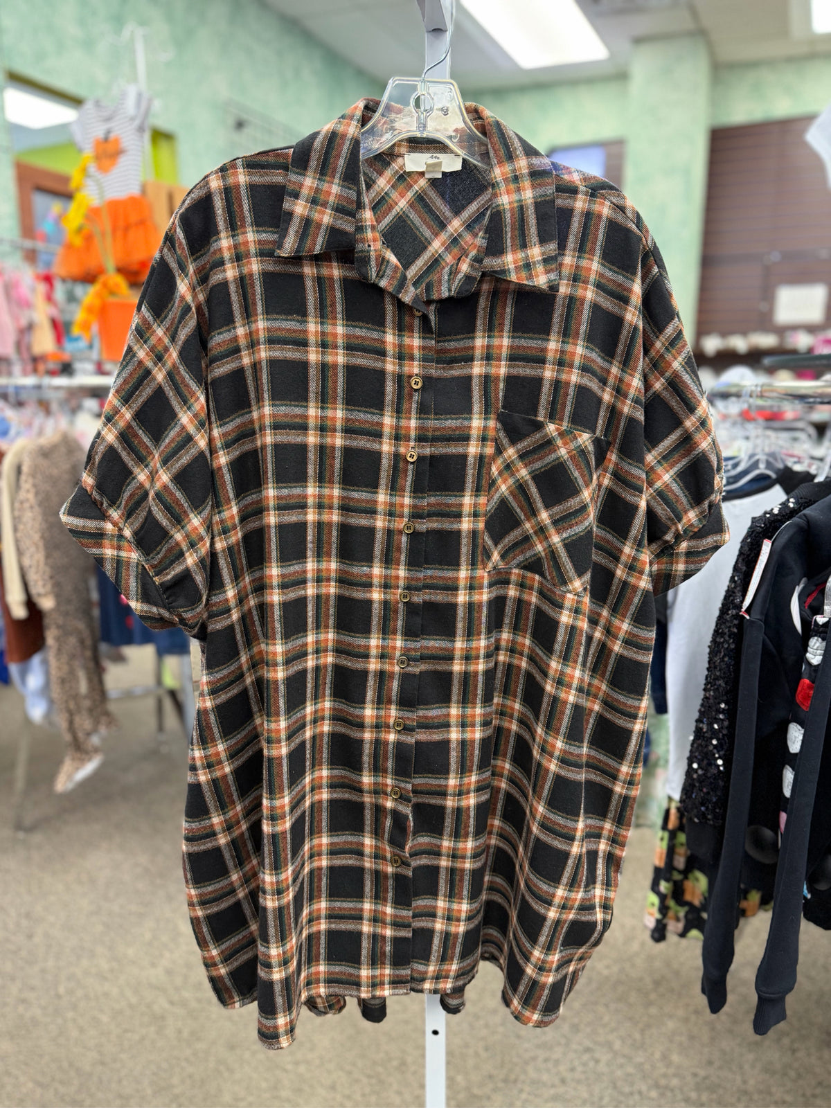Pre-owned ENTRO Black plaid Brown Size 10 Short Sleeve Dress