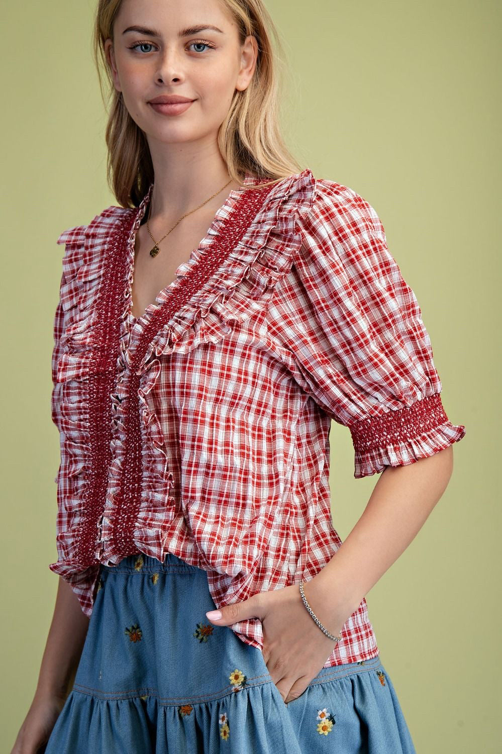 New EASEL Red plaid White Size: S Short Sleeve Blouse