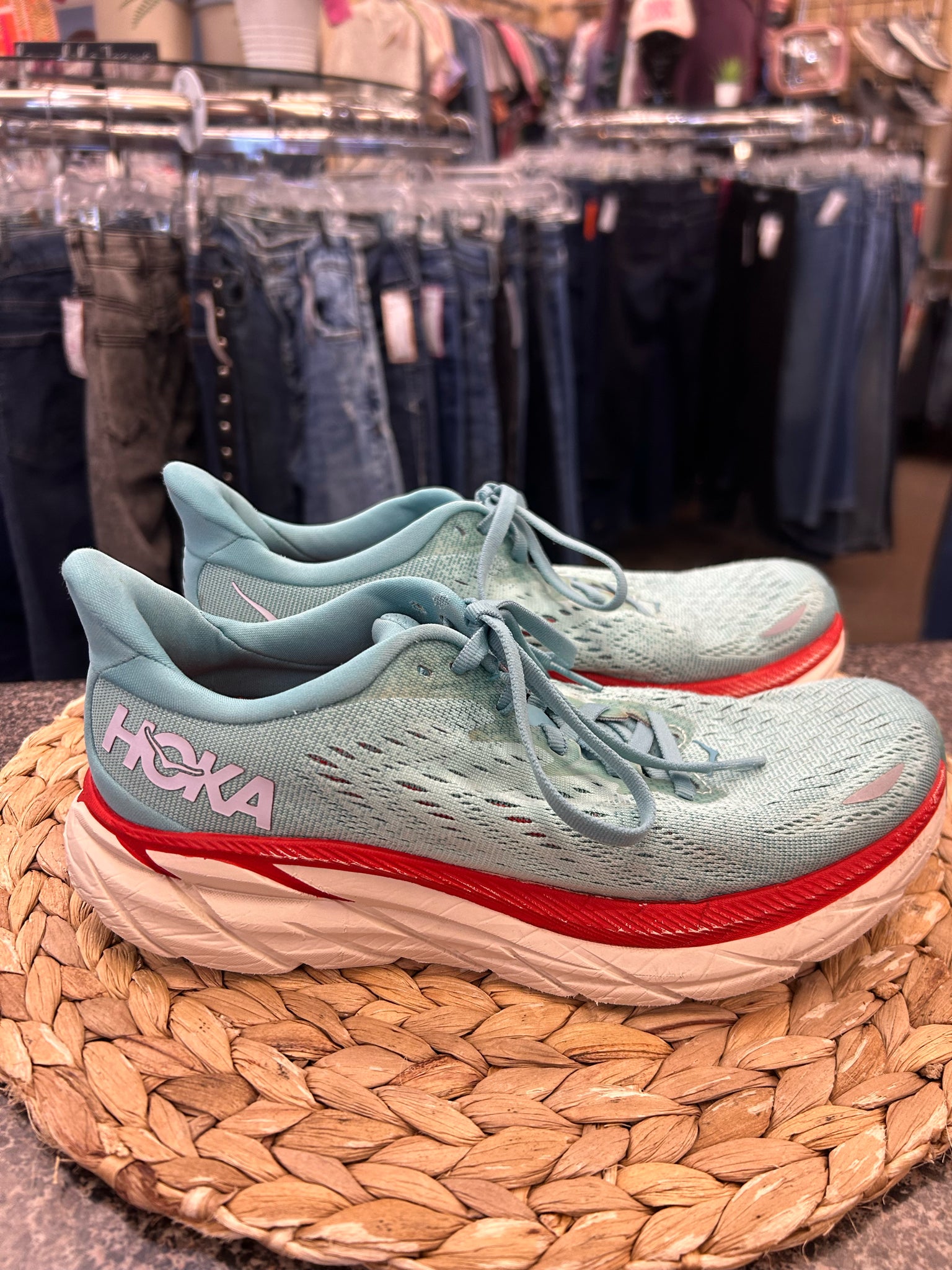 Pre-owned HOKA Aqua Red Trim Size 7 Designer Sneaker