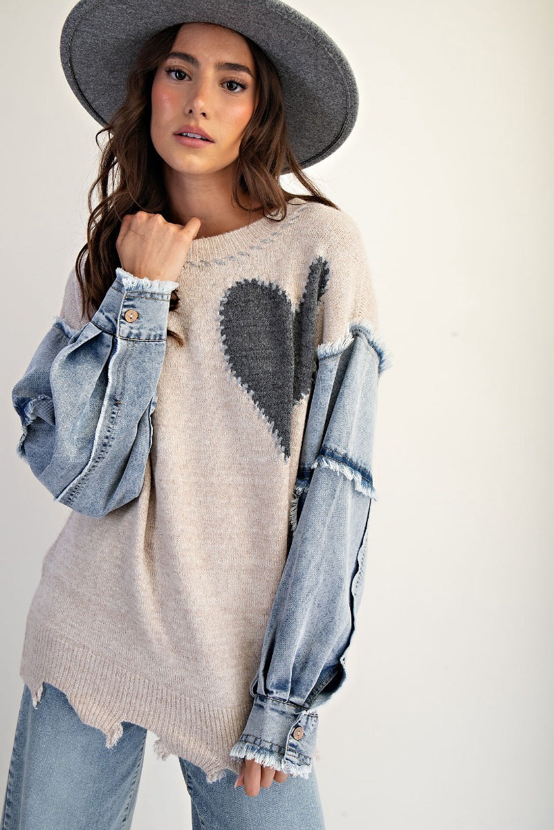 New EASEL Tan Denim Size S Long Sleeve Sweater