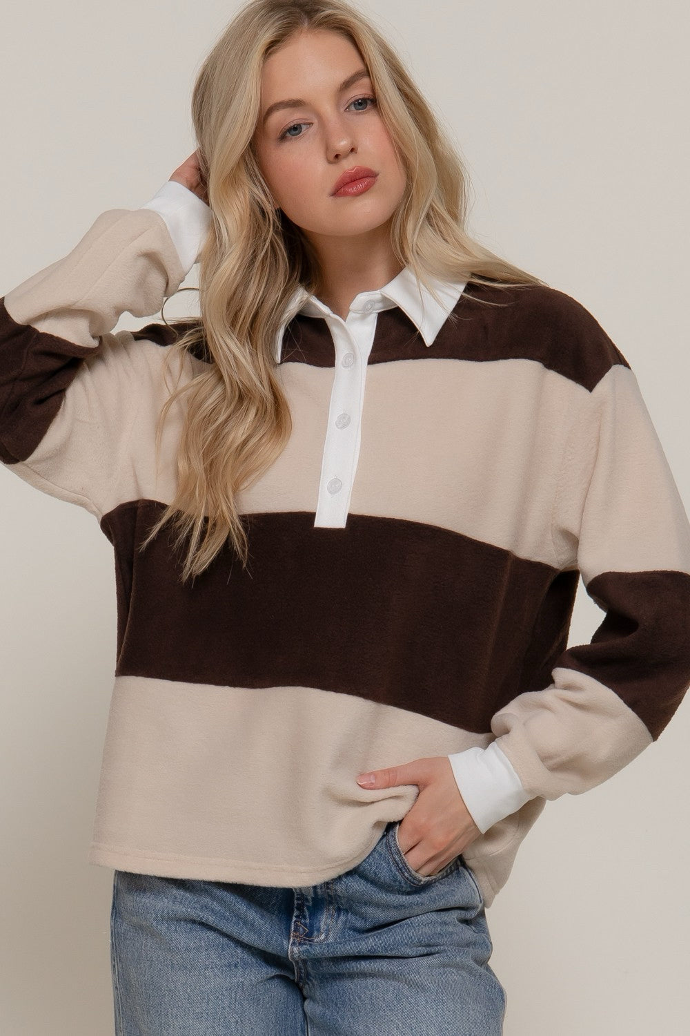 New ACTIVE BASIC Brown stripe Cream Size S Long Sleeve Blouse