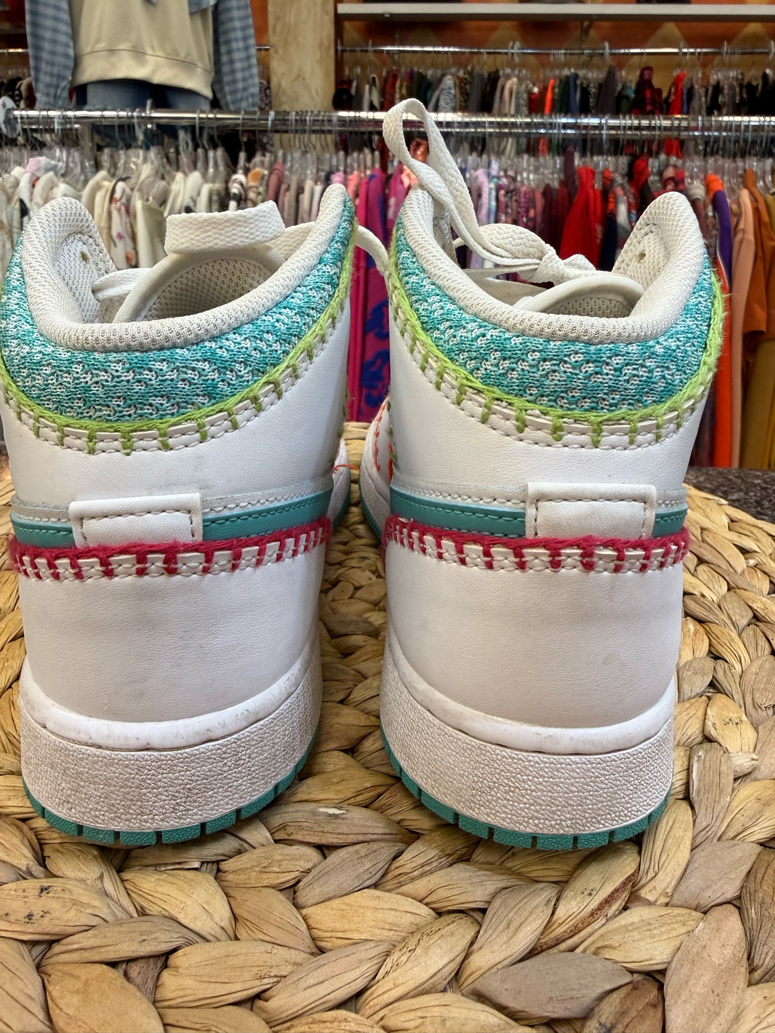 Pre-owned AIR JORDAN White Turquoise Shoe Size 4.5 GIRLS Designer Sneaker