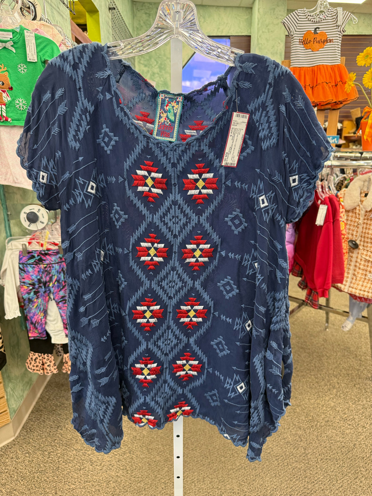 Pre-owned JOHNNY WAS Navy Light Blue Print Size: S Short Sleeve Blouse