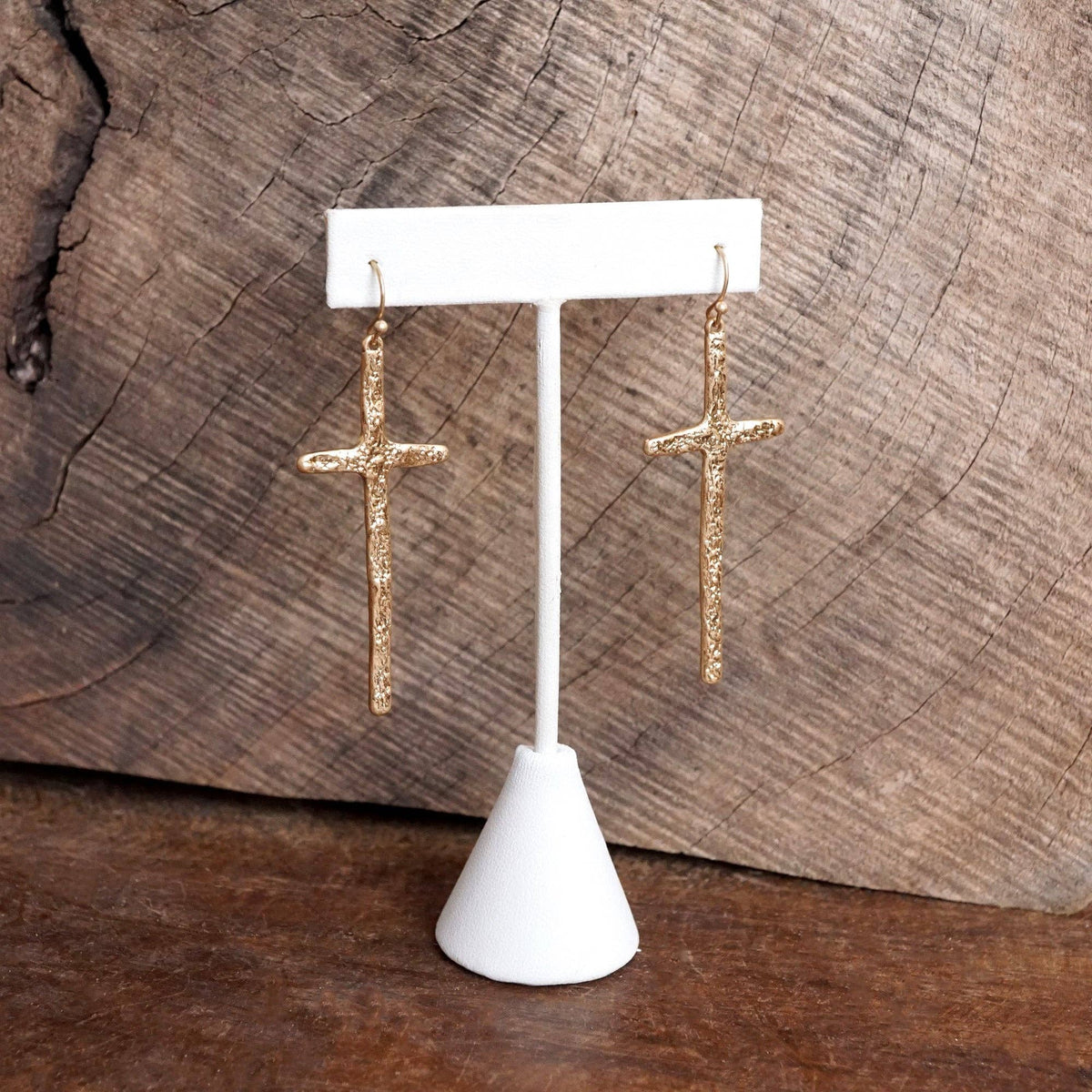 Primitive Cross Earrings Dangle Drop Gold Silver: Worn Silver Tone