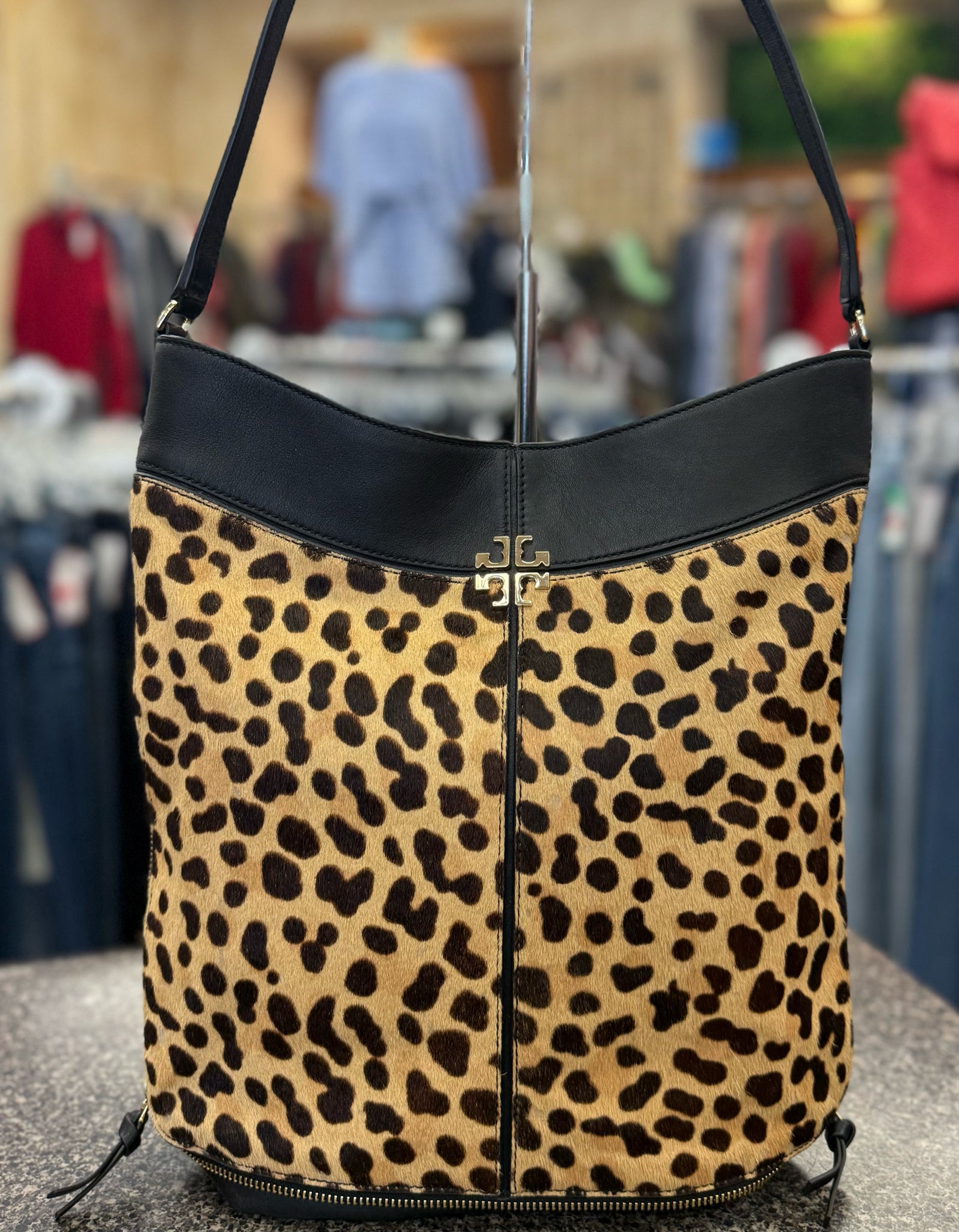 Pre-owned TORY BURCH Black Leopard Shoulder Designer Purse