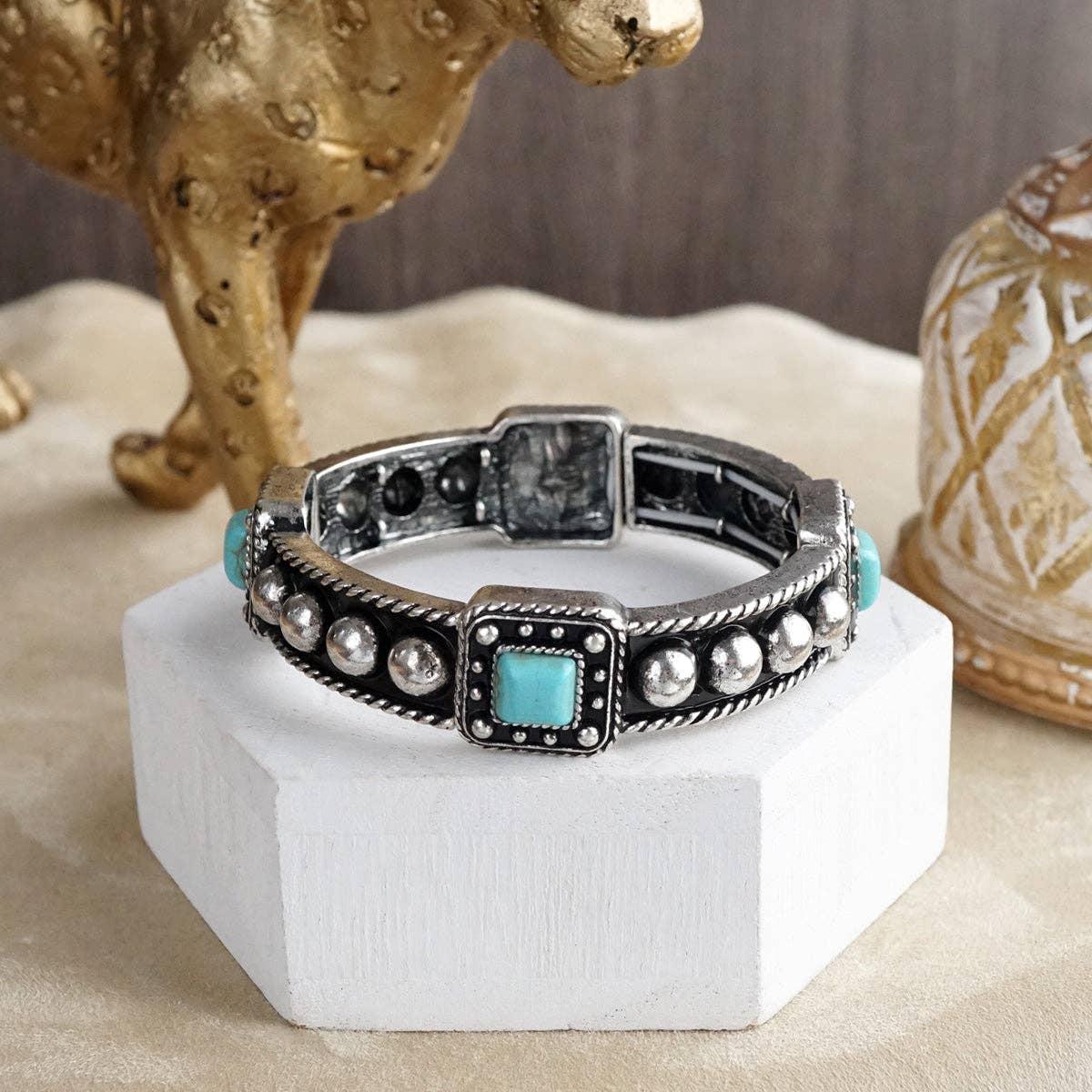 Desert Song – Boho Western Stretch Bangles with Turquoise: Cross