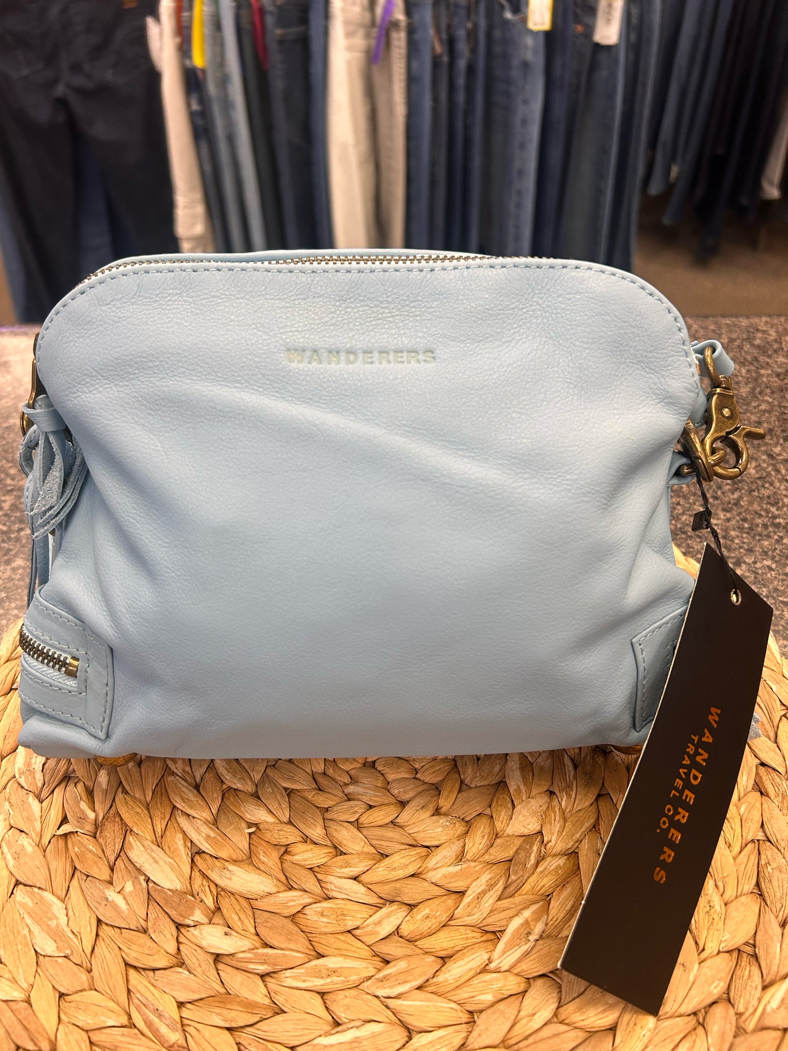 New with Tag wanderers Sky blue Gold Trim Crossbody Designer Purse