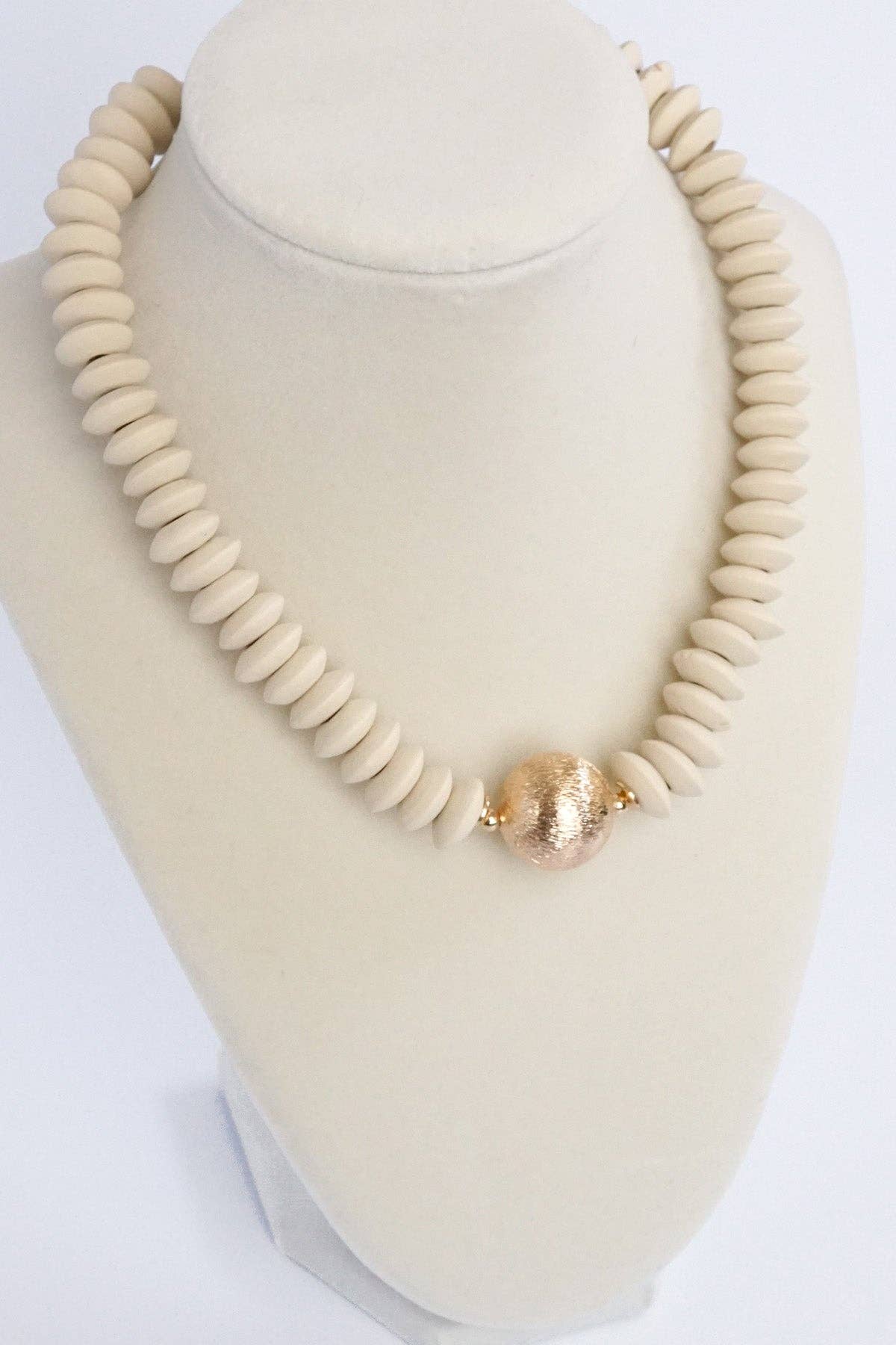 Wood Saucer Beads Short Statement Necklace Gold center Hot Pink Beige Turquoise: Black