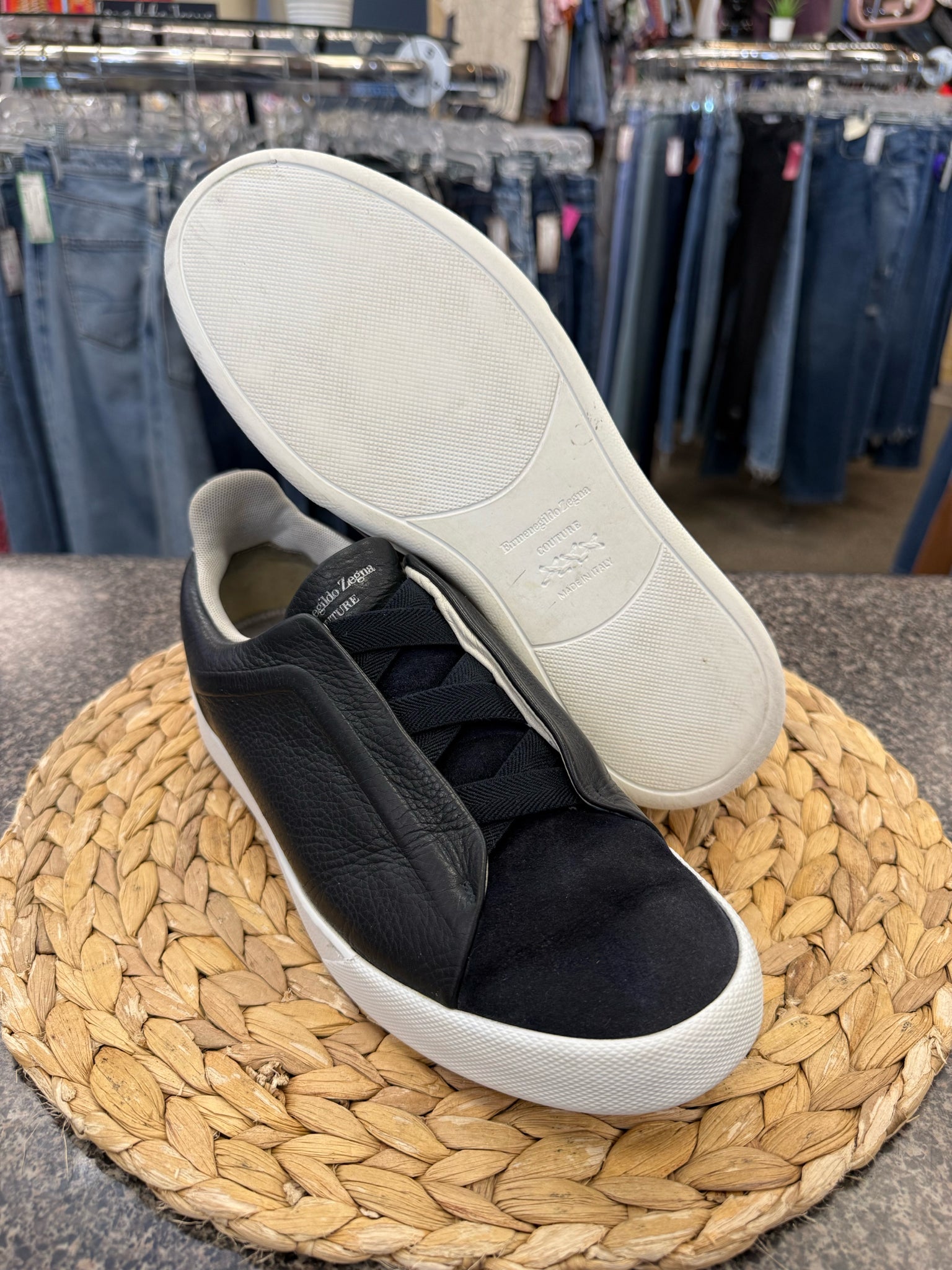Pre-owned ZEGNA Black Navy Trim SHOE SIZE 7.5 MENS Designer Sneaker