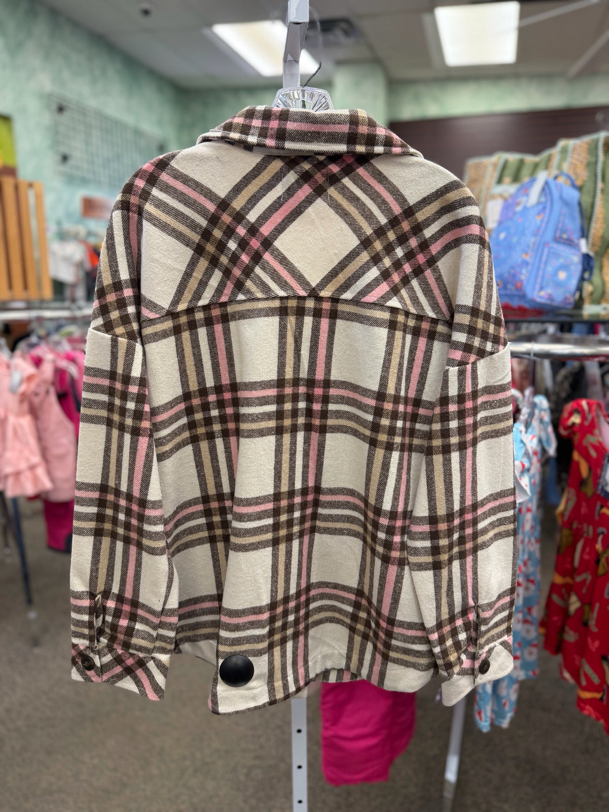 Pre-owned CAVALINI Cream Brown Plaid Size L Long Sleeve Shacket