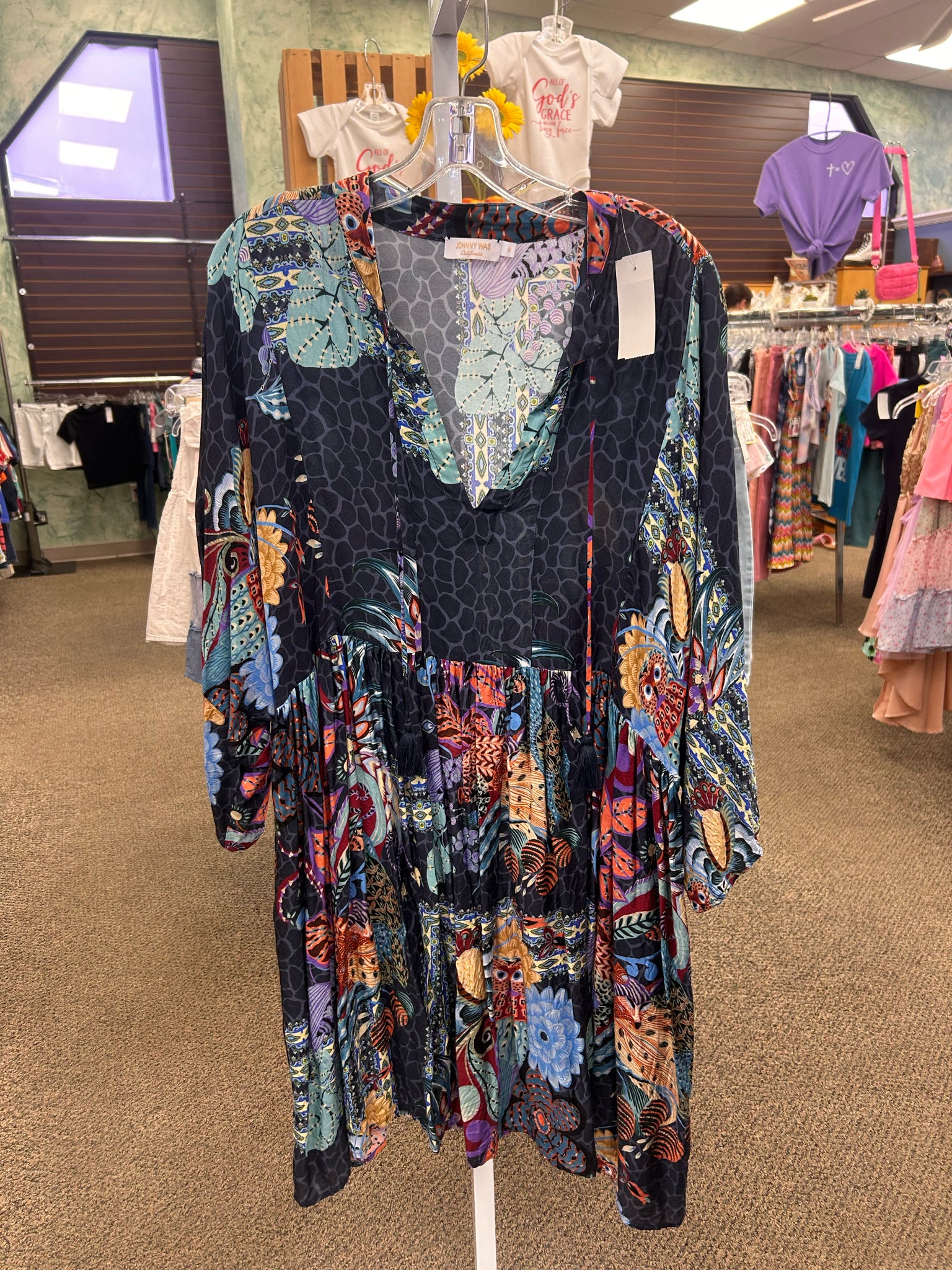 Pre-owned JOHNNY WAS Navy Multi Size 14 Quarter Sleeve Dress