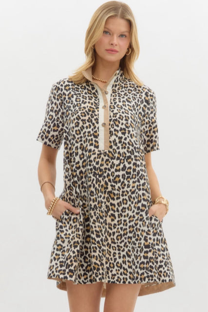New ENTRO Leopard Tan Trim Size Small Short Sleeve Dress