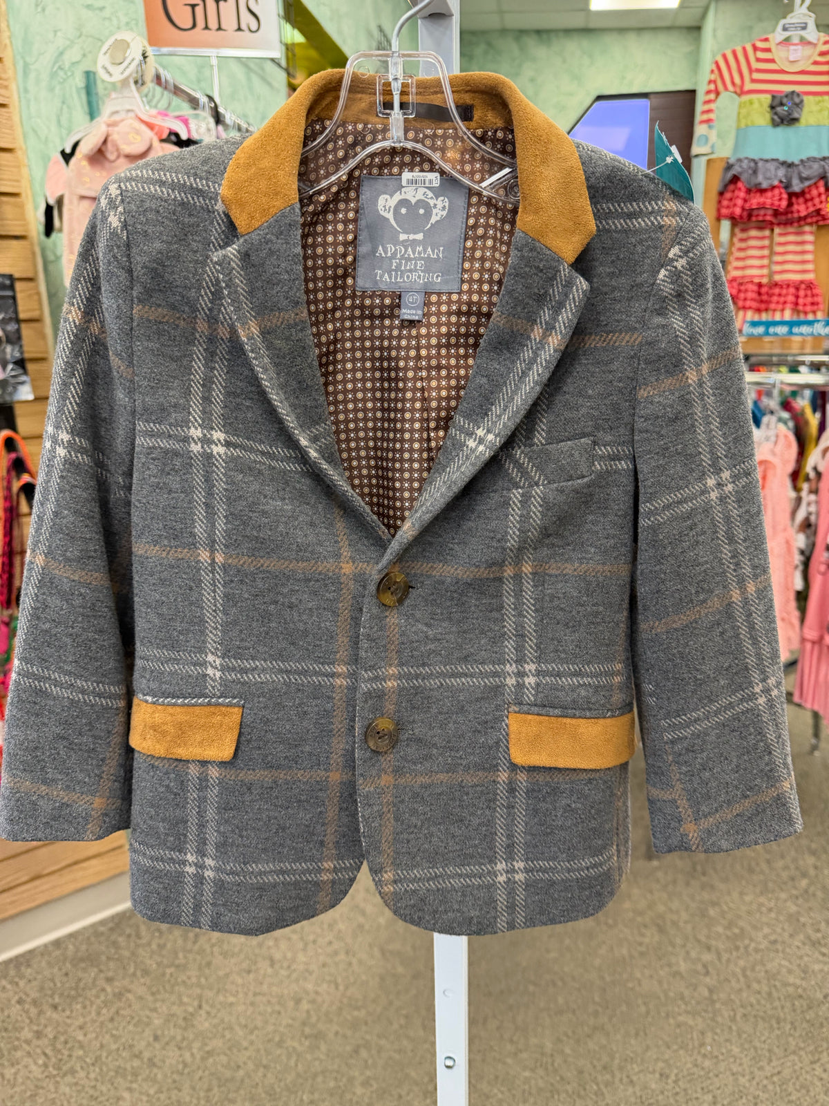 Pre-owned APPAMAN Gray Brown Plaid C-SIZE 4T Long Sleeve Boys Jacket
