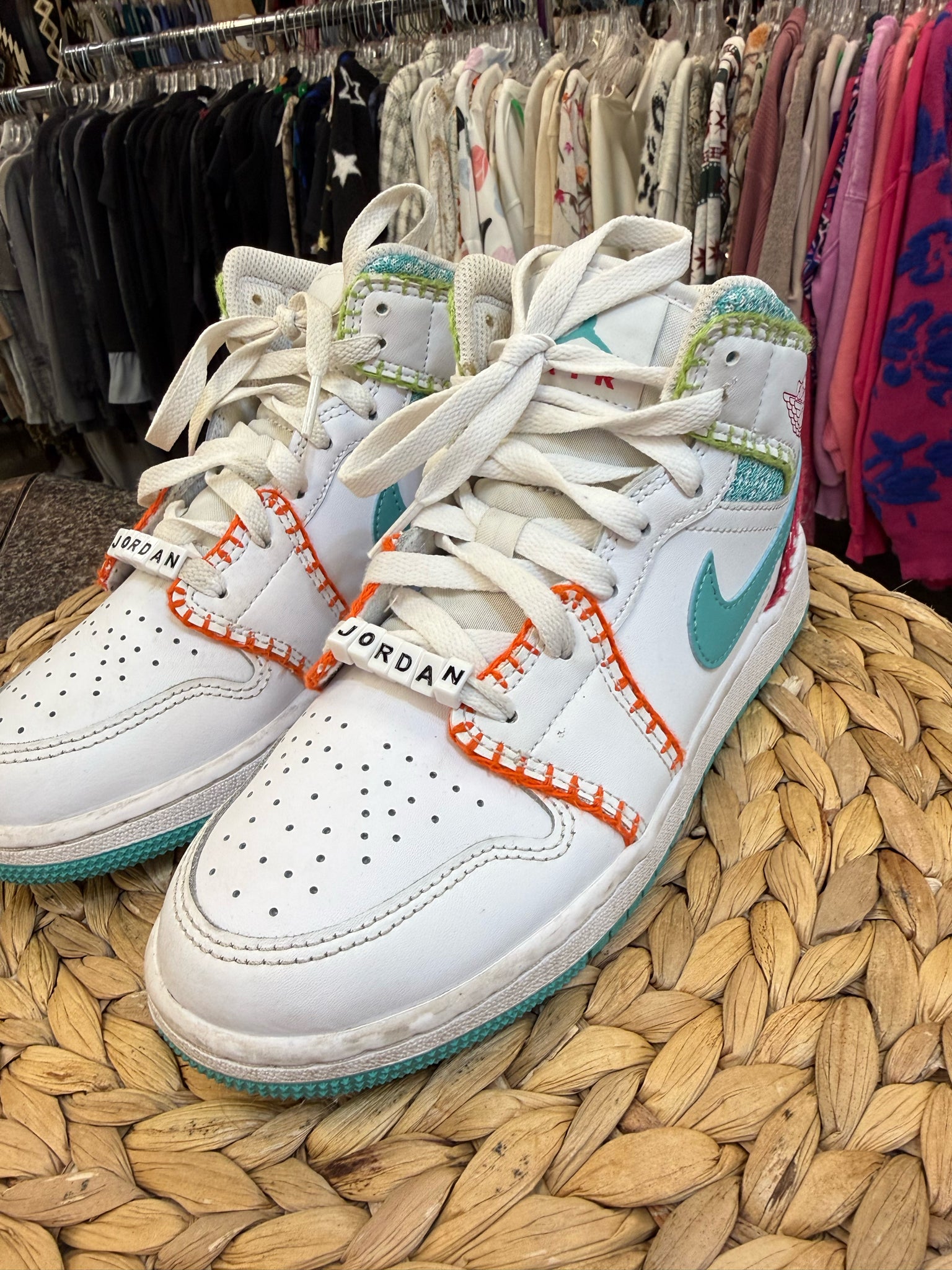Pre-owned AIR JORDAN White Turquoise Shoe Size 4.5 GIRLS Designer Sneaker