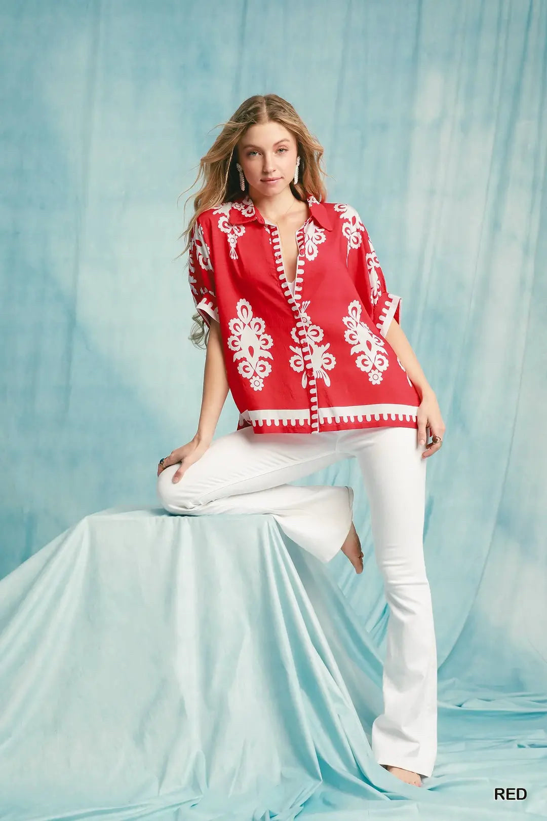 New UMGEE Red print White Size S Short Sleeve Blouse