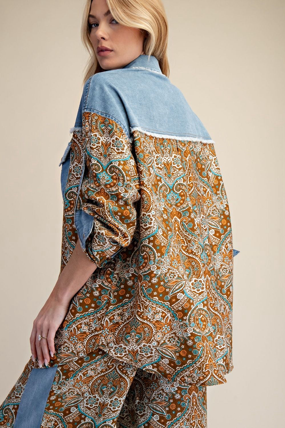 Pre-owned EASEL Denim Brown Print Size: S Long Sleeve Blouse