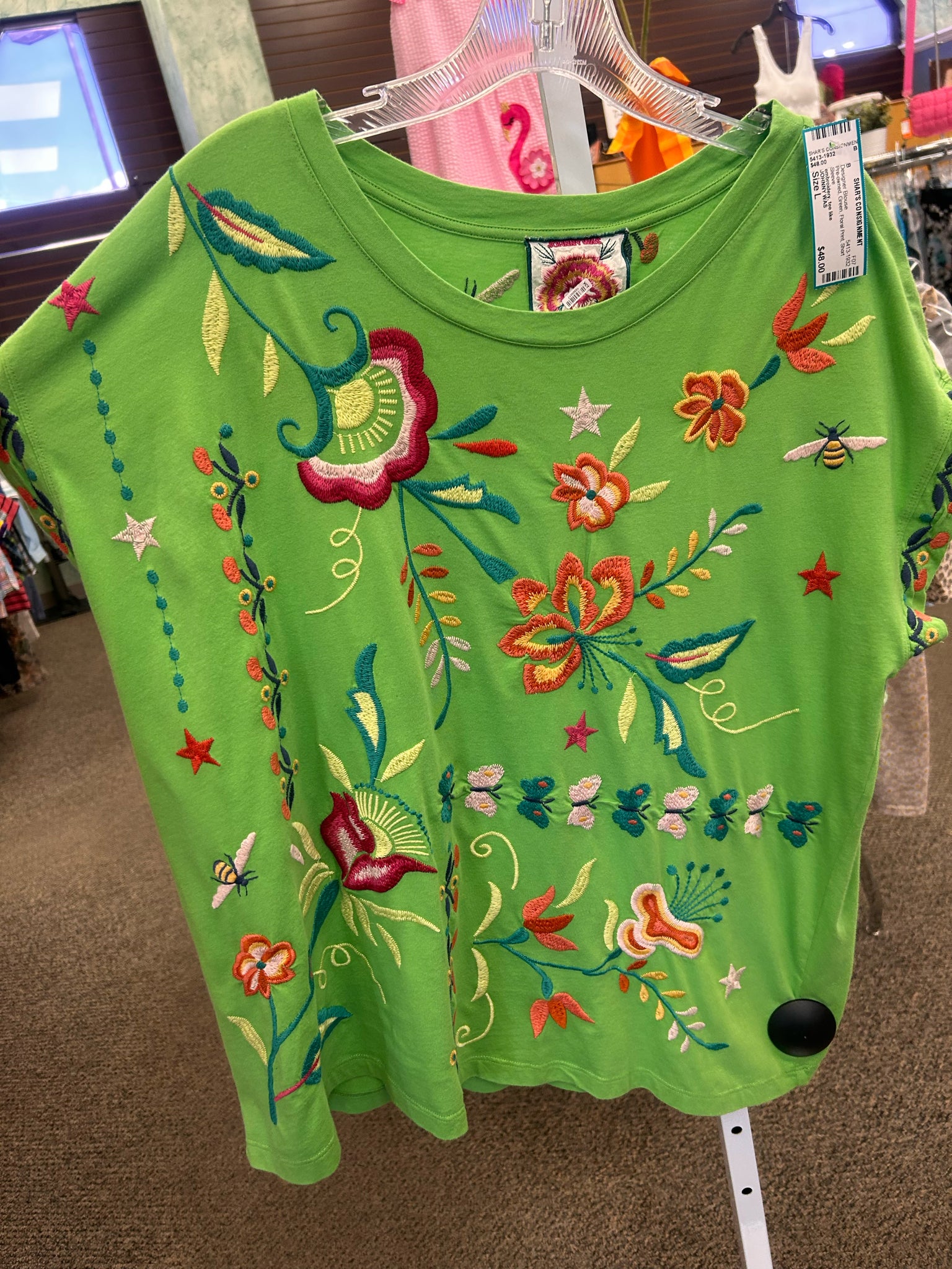 Pre-owned JOHNNY WAS Green Floral Print Short Sleeve Size: L Designer Blouse