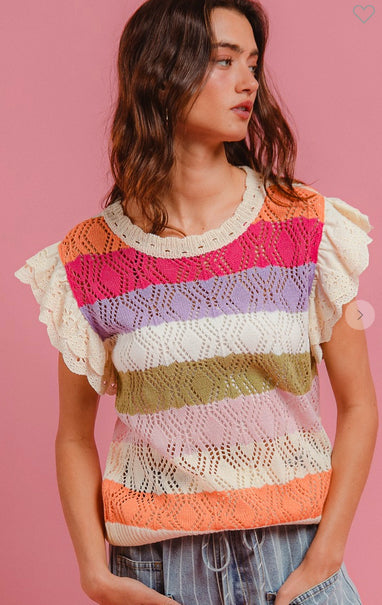 New BIBI Cream Multi Stripe Size S Short Sleeve Sweater