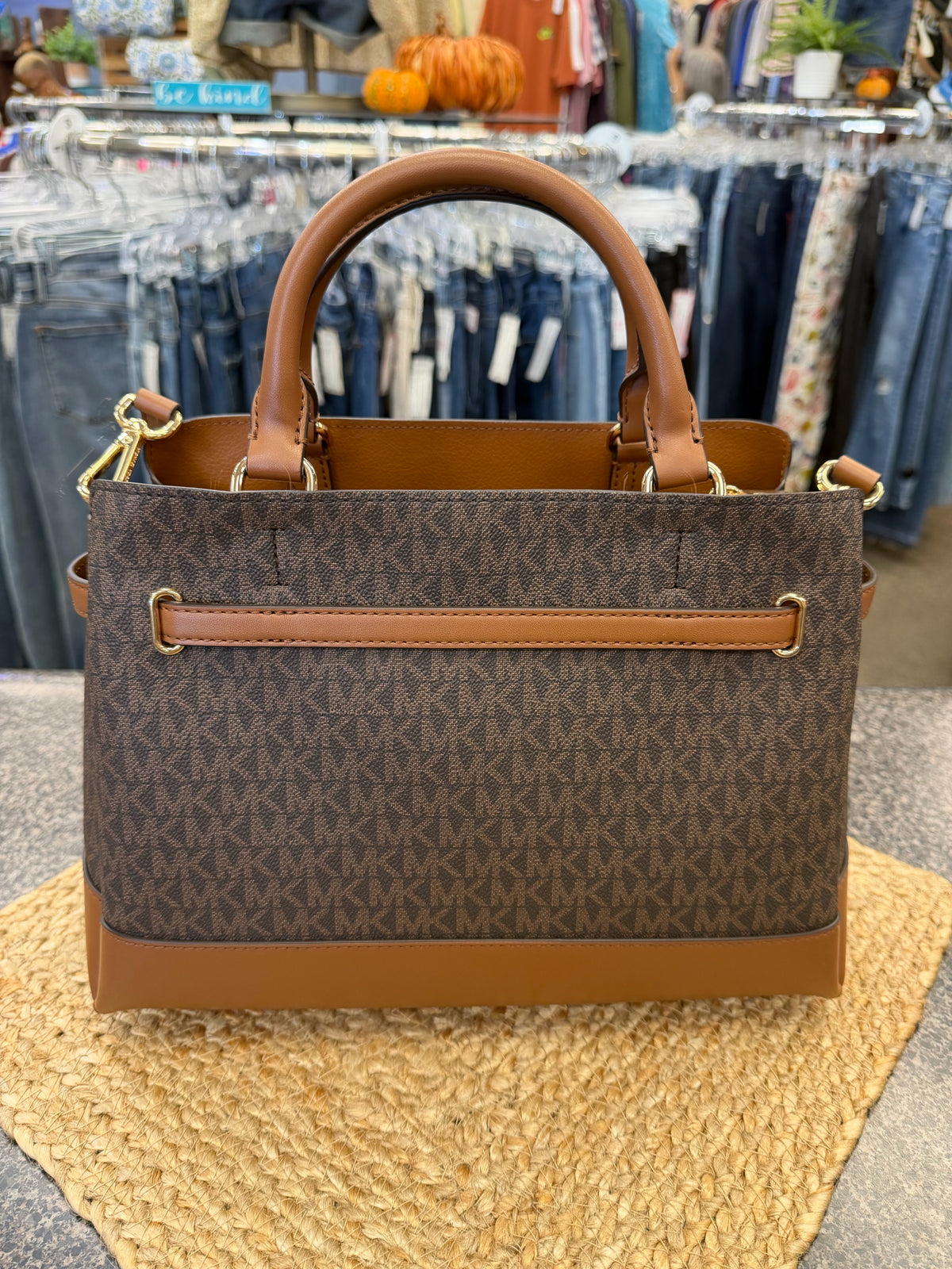 New  Without Tag MICHAEL KORS Dark Brown Signature Gold Trim Designer Purse