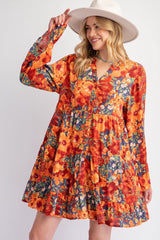 New EASEL Burnt orange Navy Floral Size M/L Long Sleeve Dress