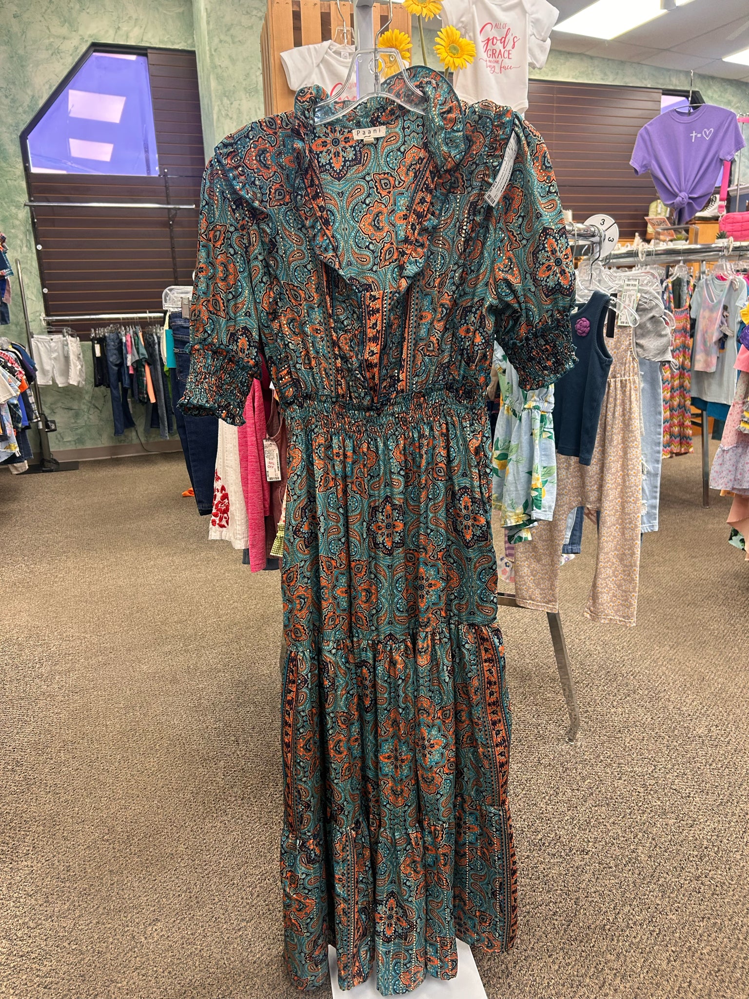 Pre-owned Paani Teal Orange Print Size 8 Short Sleeve Dress