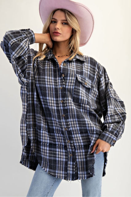 New EASEL Blue plaid Size M/L Long Sleeve Blouse