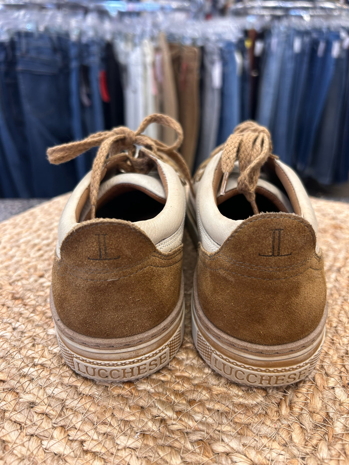 Pre-owned LUCCHESE Tan Brown Trim Size 8.5 Designer Sneaker