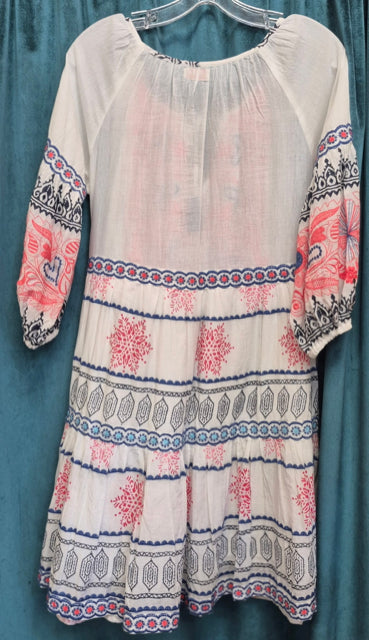 Pre-owned Lula Soul White Navy Print Size 6/7 Quarter Sleeve Designer Dress