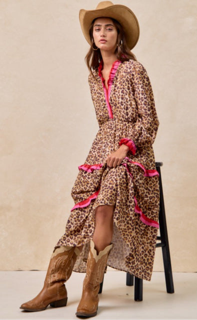 New BIBI Leopard Pink Trim Size Small Long Sleeve Dress