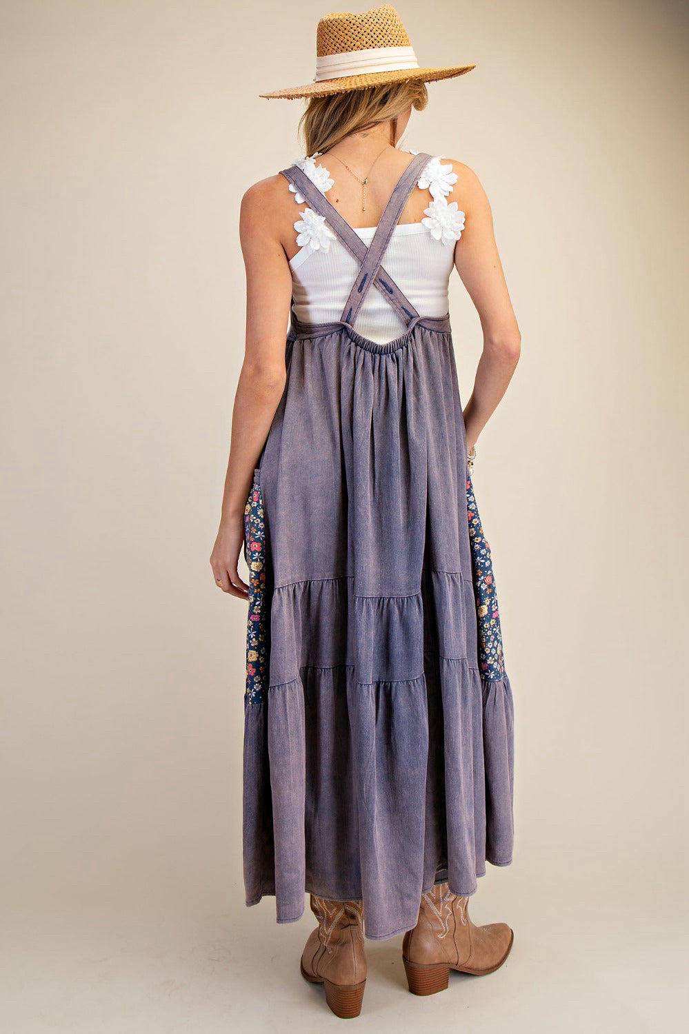 New EASEL Dusty blue Floral Trim Size Small Overall Dress