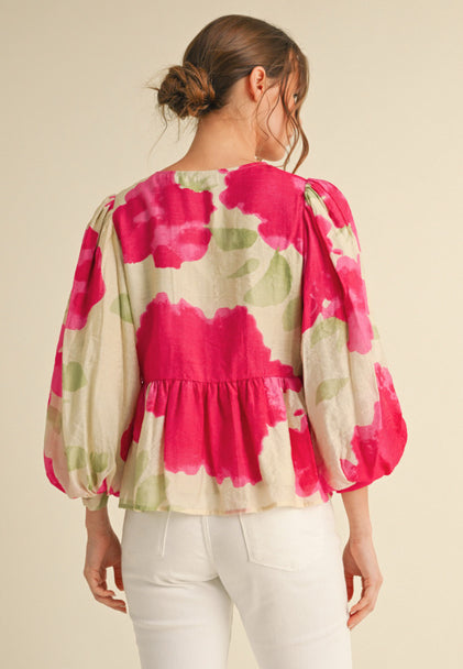 New JODIFL Dark pink Cream Print Size S Quarter Sleeve Blouse