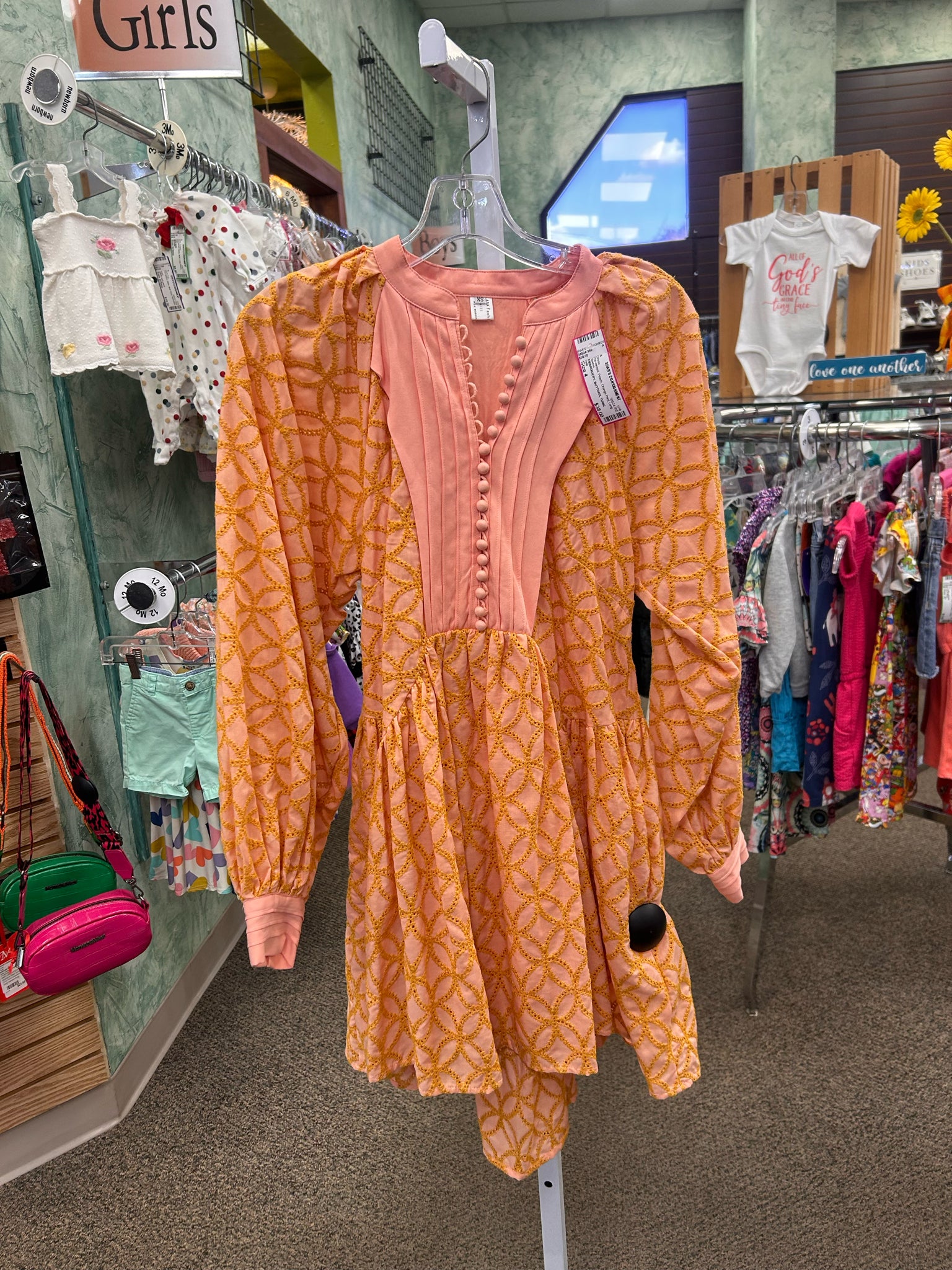 Pre-owned roiii Peach Orange Print Size 4 Long Sleeve Dress