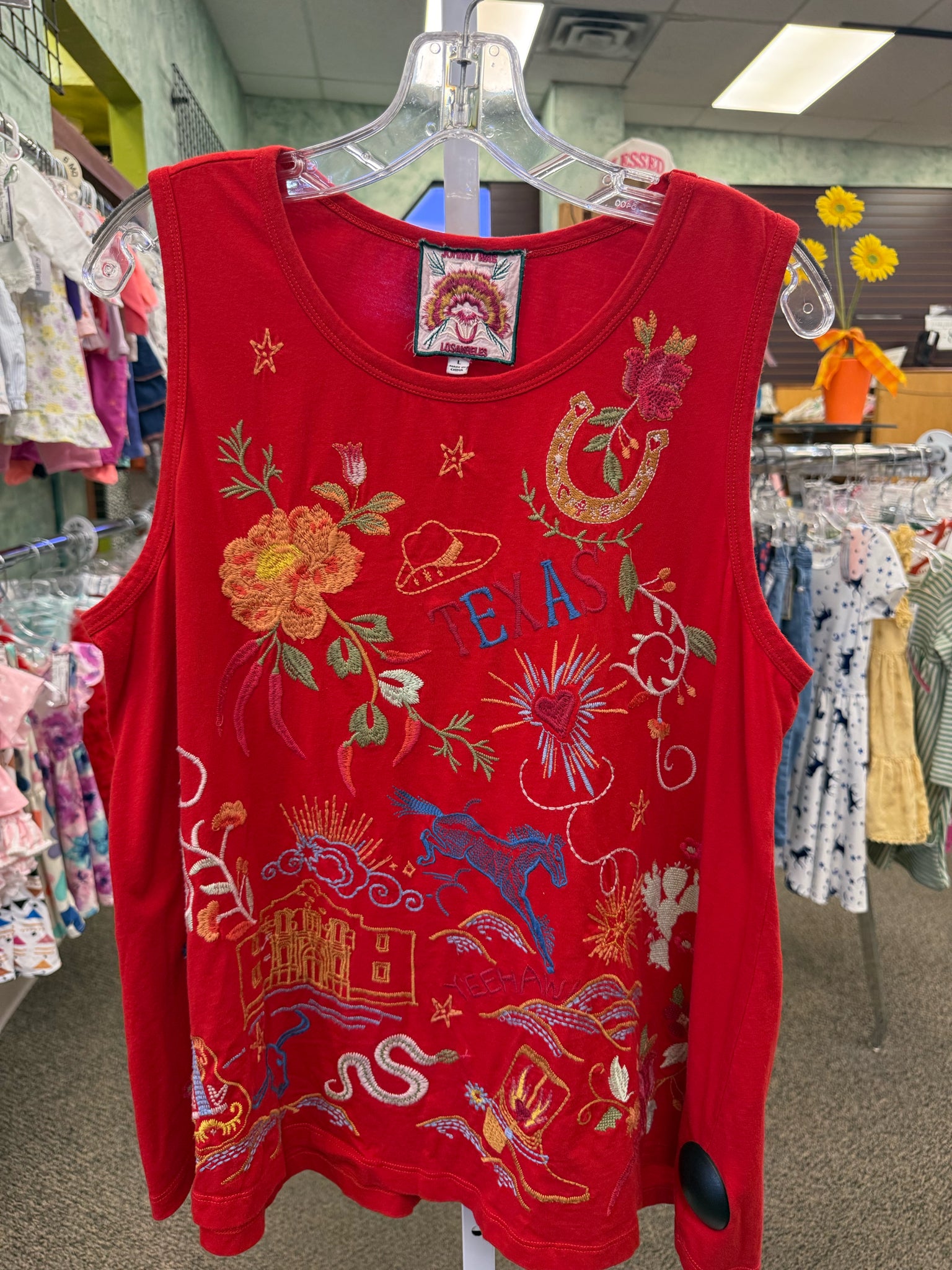 Pre-owned JOHNNY WAS Red Multi Trim Size L Sleeveless Tank Top