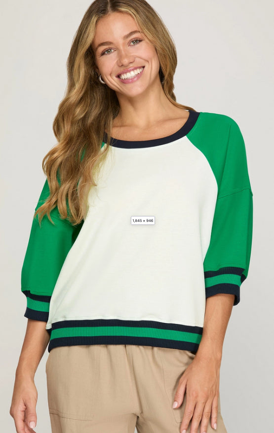 New SHE + SKY Green Cream Inside Size S Quarter Sleeve Blouse