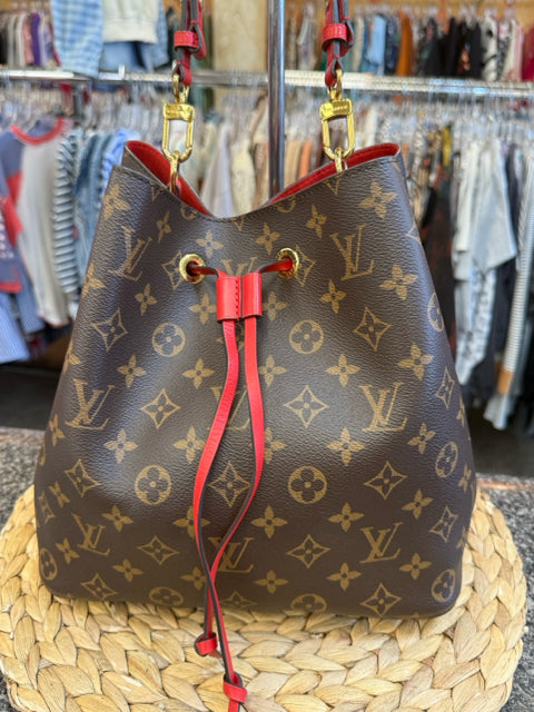Pre-owned LOUIS VUITTON Dark Brown Signature Red Trim Designer Purse