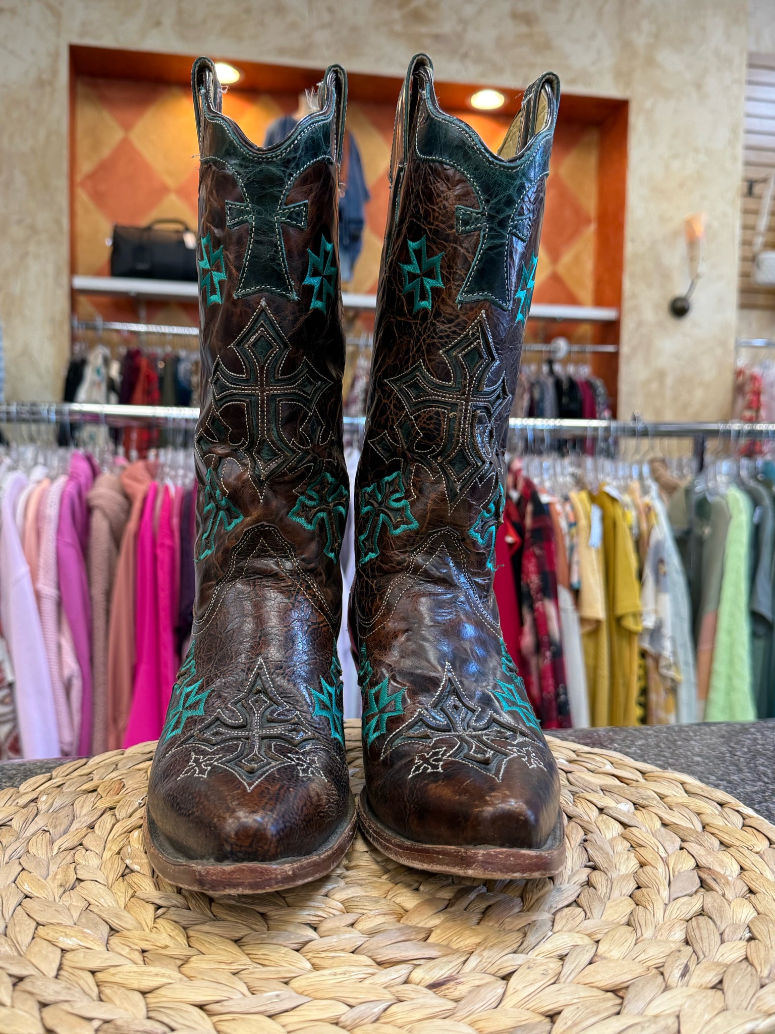 Pre-owned CORRAL Dark brown Teal Print Size 8 Designer Boot