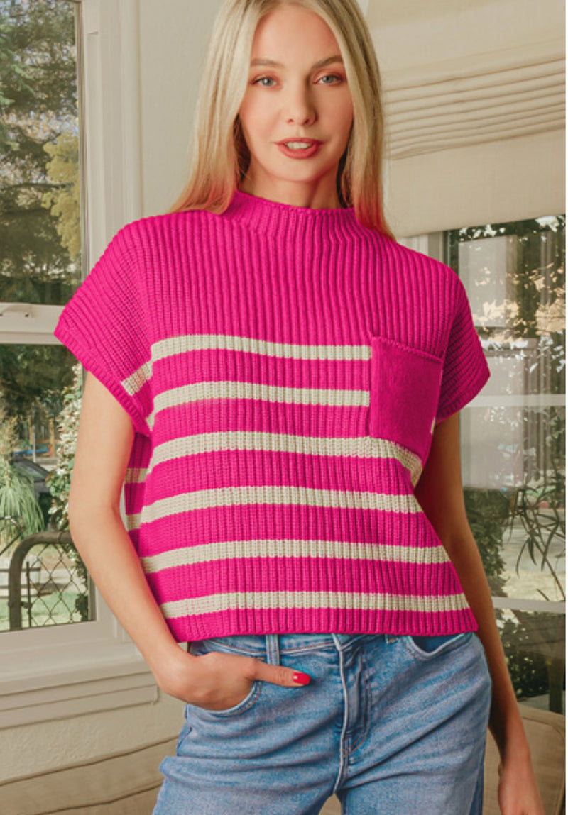 New Zenana Hot pink stripe White Size S Short Sleeve Sweater