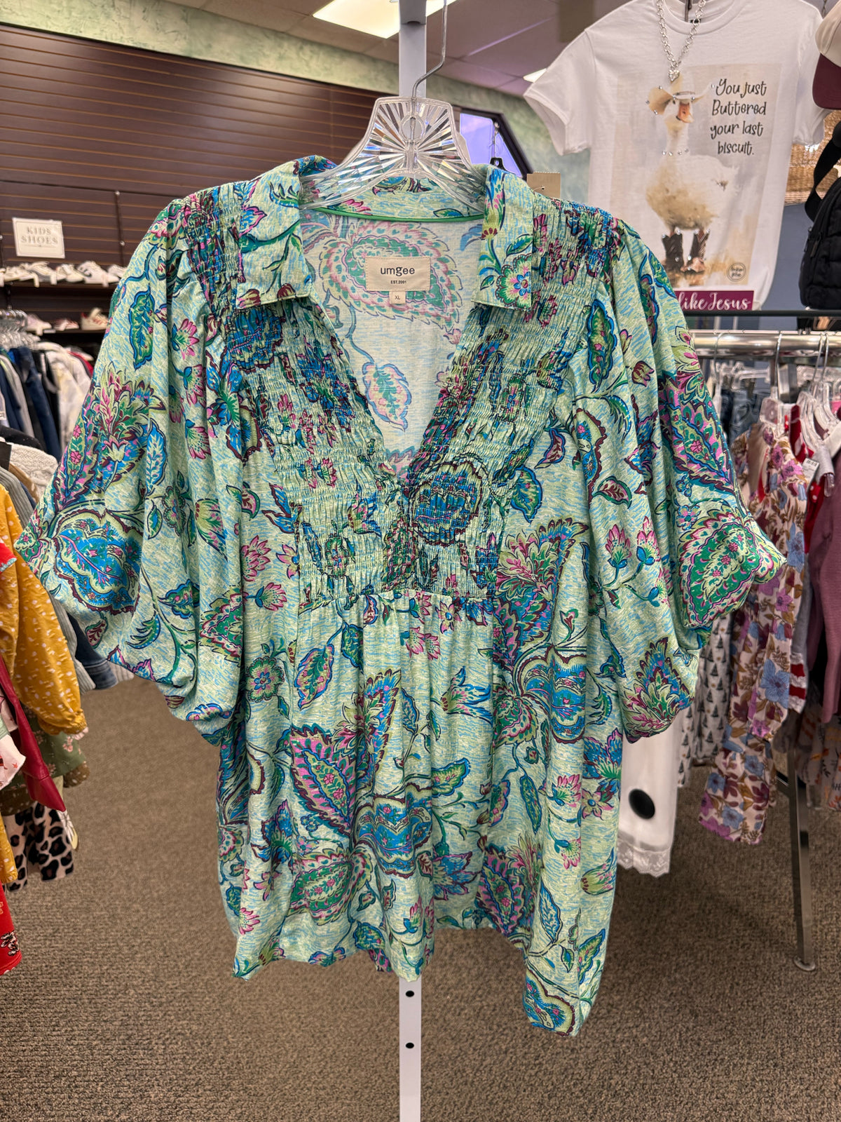Pre-owned UMGEE Teal floral Dark Teal Size: 1X Short Sleeve Blouse
