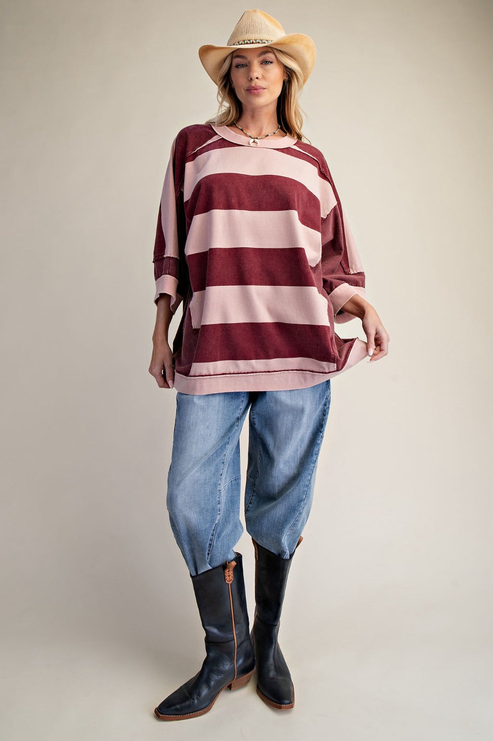 New EASEL Wine stripe Pink Size: S Quarter Sleeve Blouse
