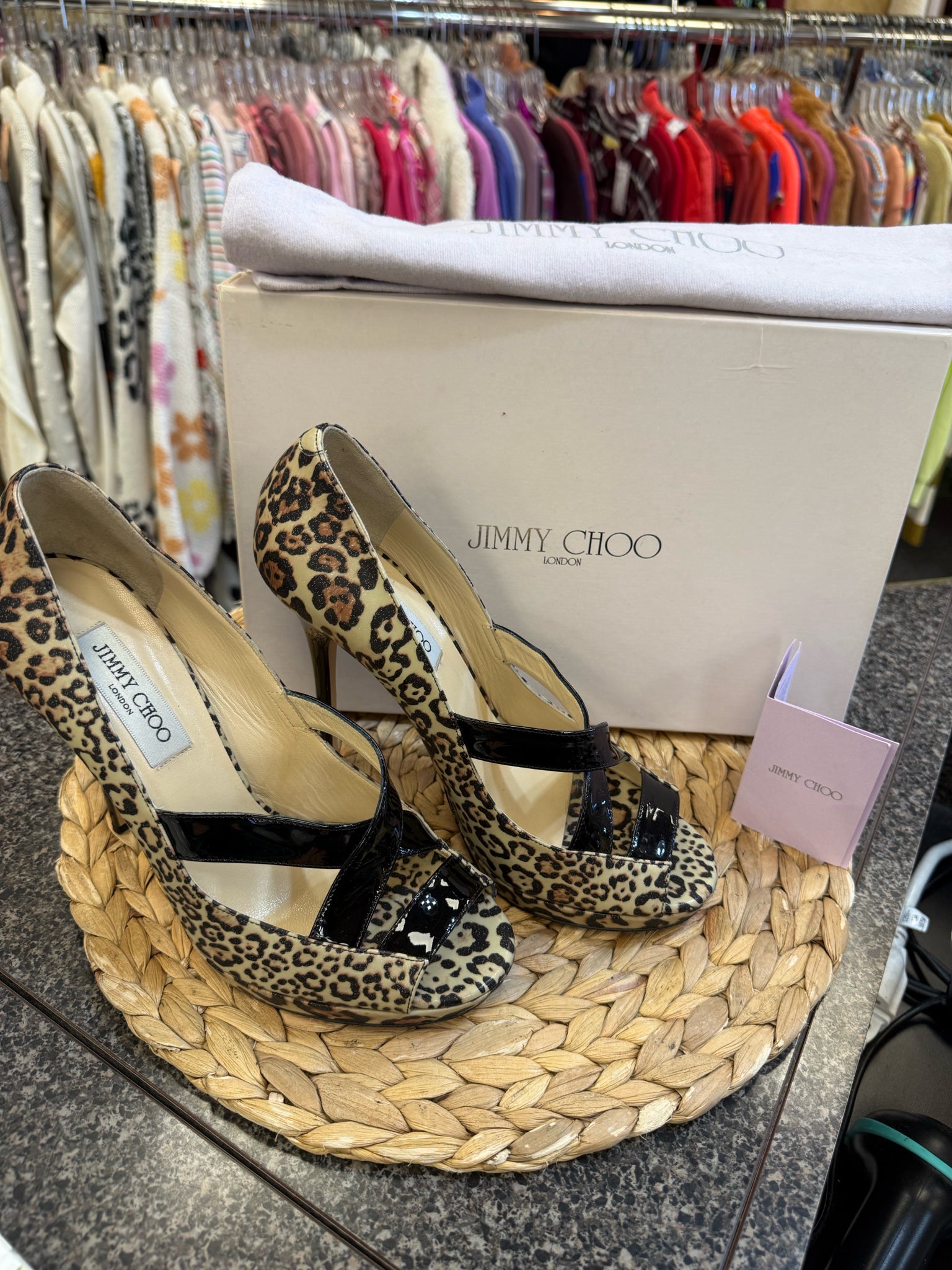 Pre-owned JIMMY CHOO Leopard Black Patent Size 9.5 Designer Heel