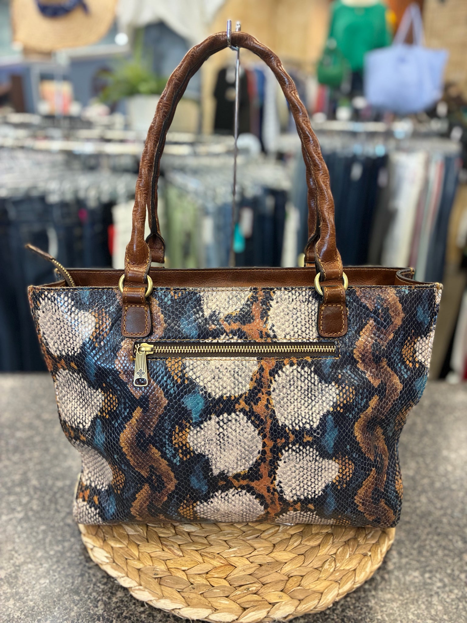 Pre-owned PATRICIA NASH Snakeskin Navy Tote Designer Purse