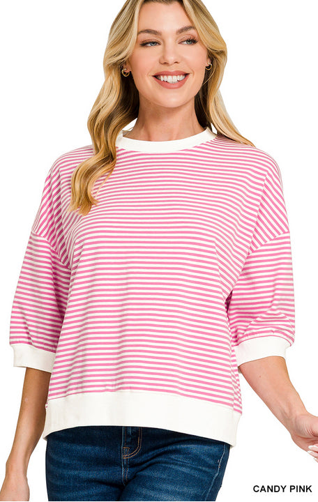 New Zenana Pink stripe White Size S Quarter Sleeve Blouse