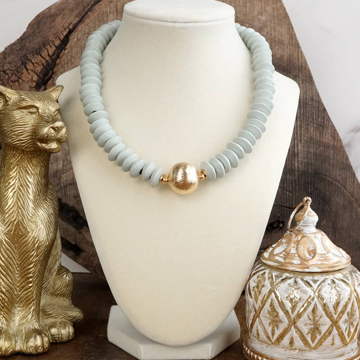Wood Saucer Beads Short Statement Necklace Gold center Hot Pink Beige Turquoise: Black