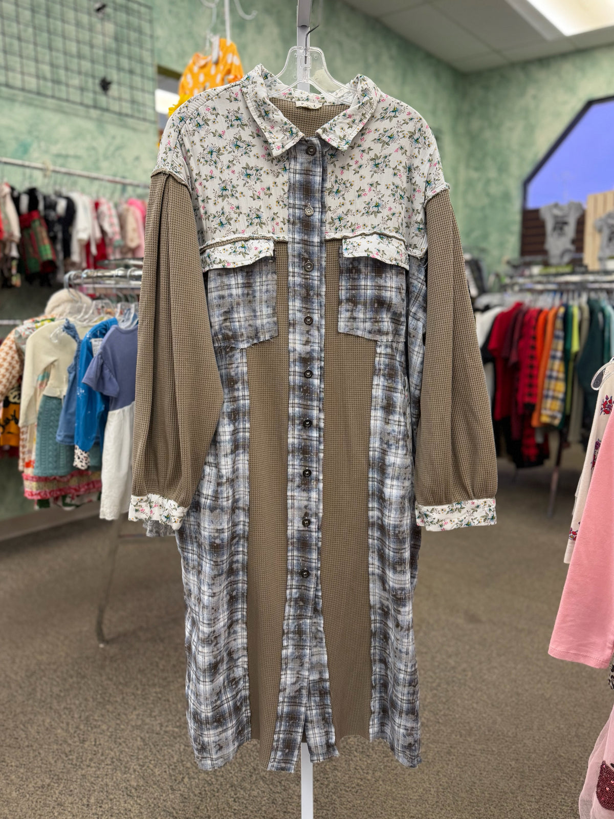 Pre-owned POL Tan Blue Plaid Size 14 Long Sleeve Dress