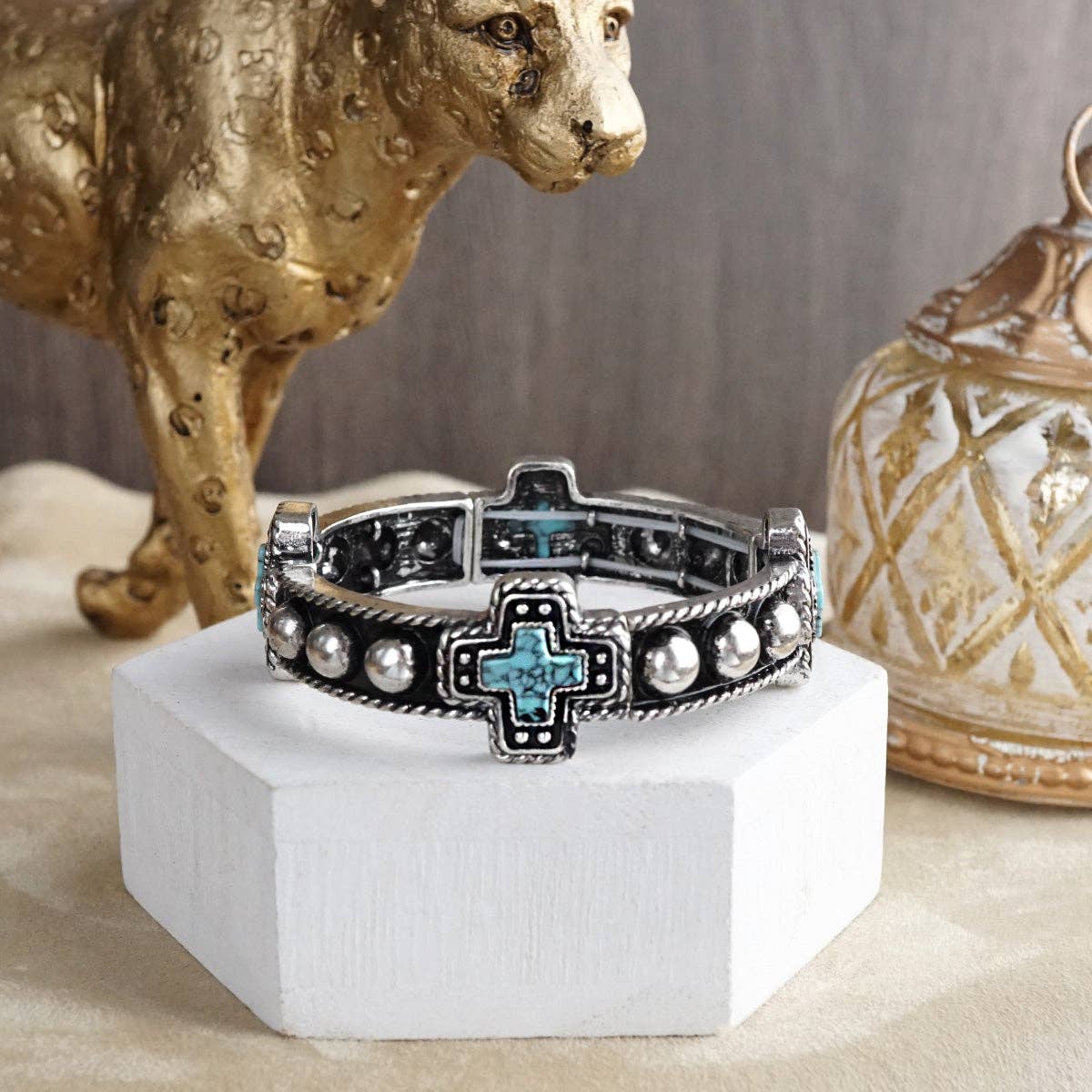 Desert Song – Boho Western Stretch Bangles with Turquoise: Cross