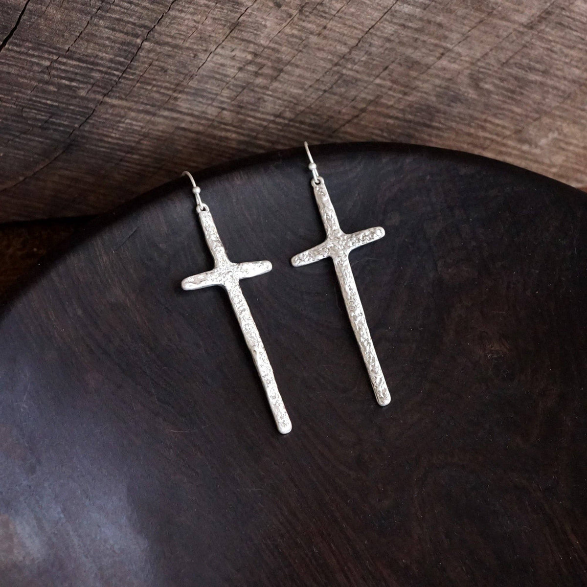 Primitive Cross Earrings Dangle Drop Gold Silver: Worn Gold Tone